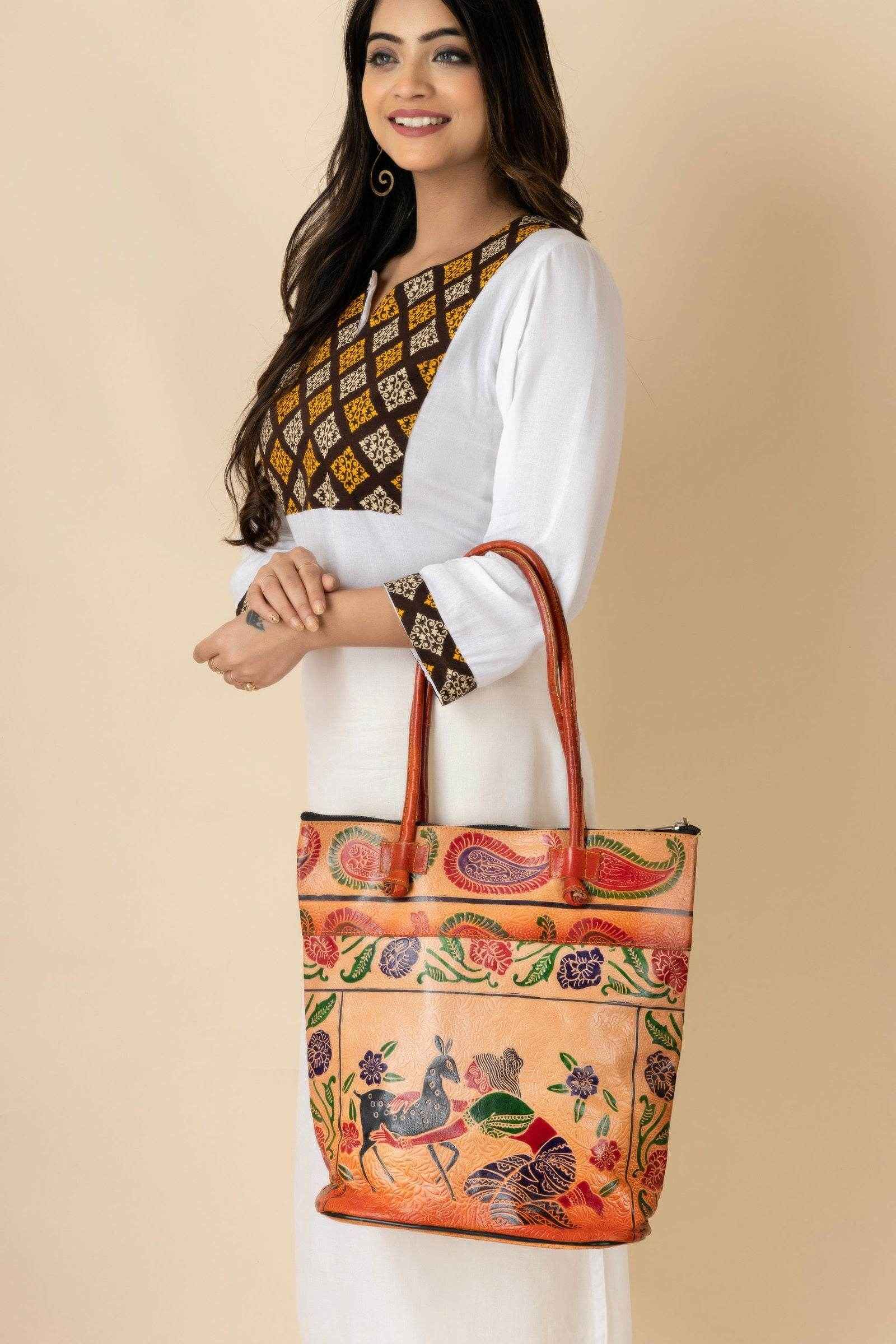 Shantiniketan Handcrafted Brown Leather Handbag for Women - 4 Compartments, Spacious Design 14x14 - Lookandadorn.com