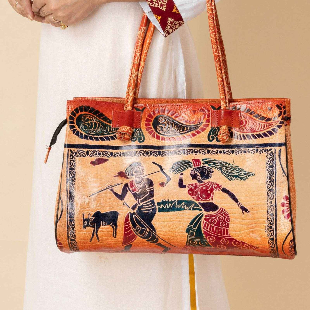 Shantiniketan Handcrafted Brown Leather Handbag for Women – Spacious 4 Compartment Design (15x12) - Lookandadorn.com