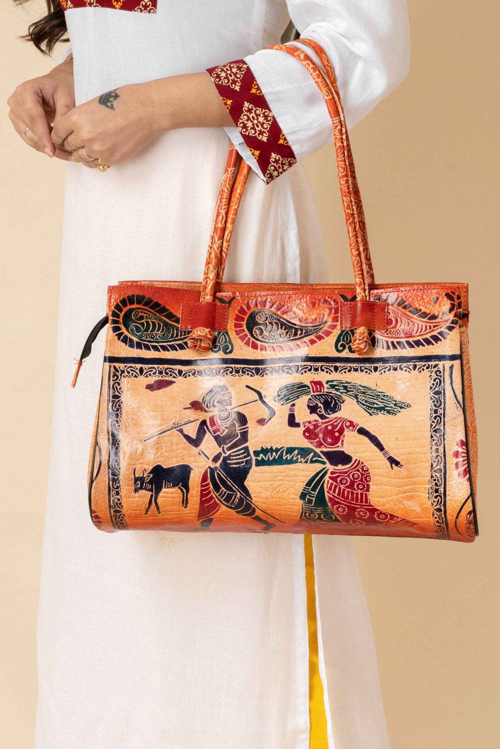 Shantiniketan Handcrafted Brown Leather Handbag for Women – Spacious 4 Compartment Design (15x12) - Lookandadorn.com