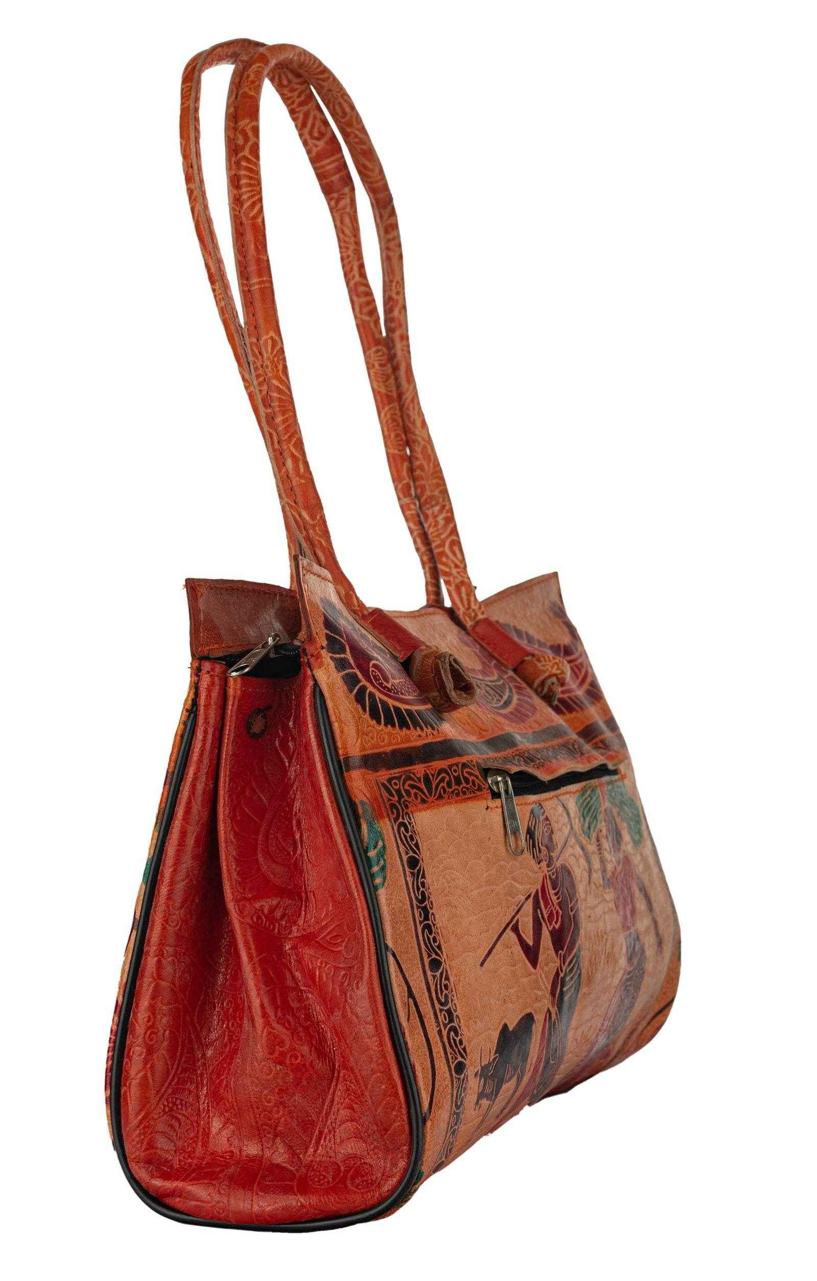 Shantiniketan Handcrafted Brown Leather Handbag for Women – Spacious 4 Compartment Design (15x12) - Lookandadorn.com