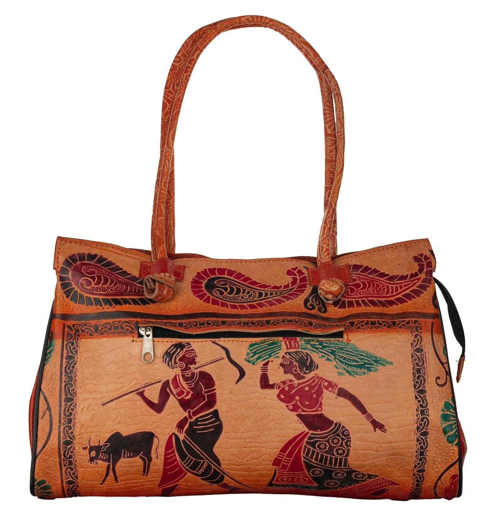 Shantiniketan Handcrafted Brown Leather Handbag for Women – Spacious 4 Compartment Design (15x12) - Lookandadorn.com