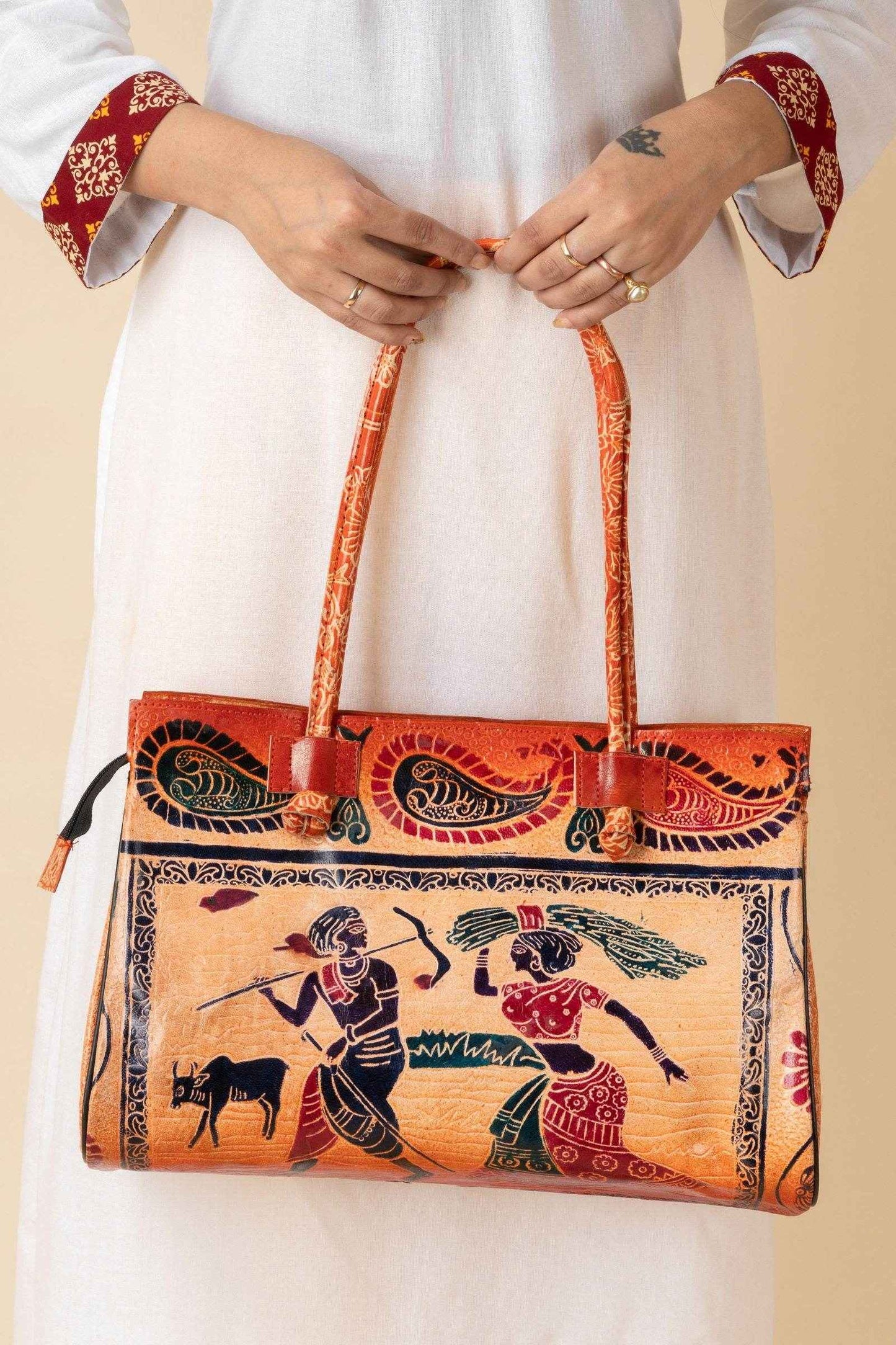 Shantiniketan Handcrafted Brown Leather Handbag for Women – Spacious Compartment Design (15x12)