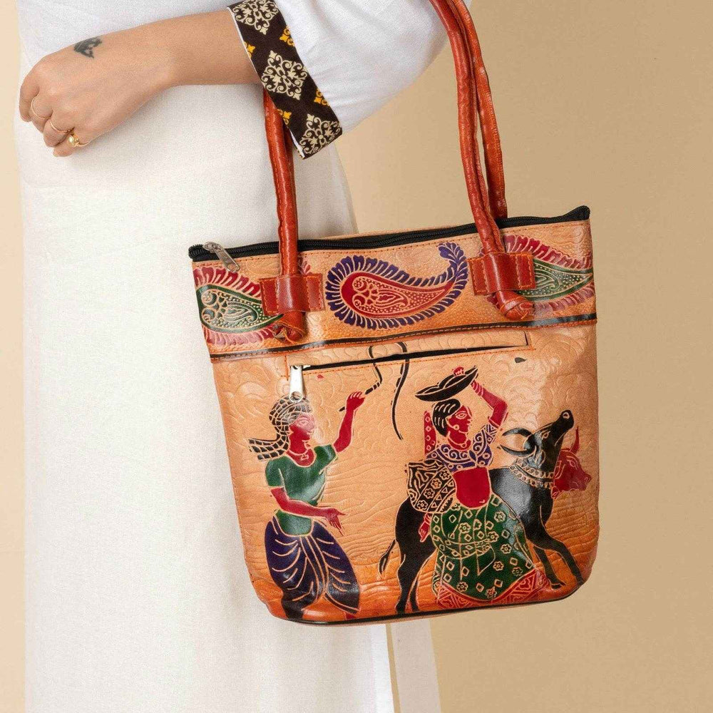 Shantiniketan Handcrafted Brown Leather Handbag for Women with 4 Compartments (10x11) - Lookandadorn.com