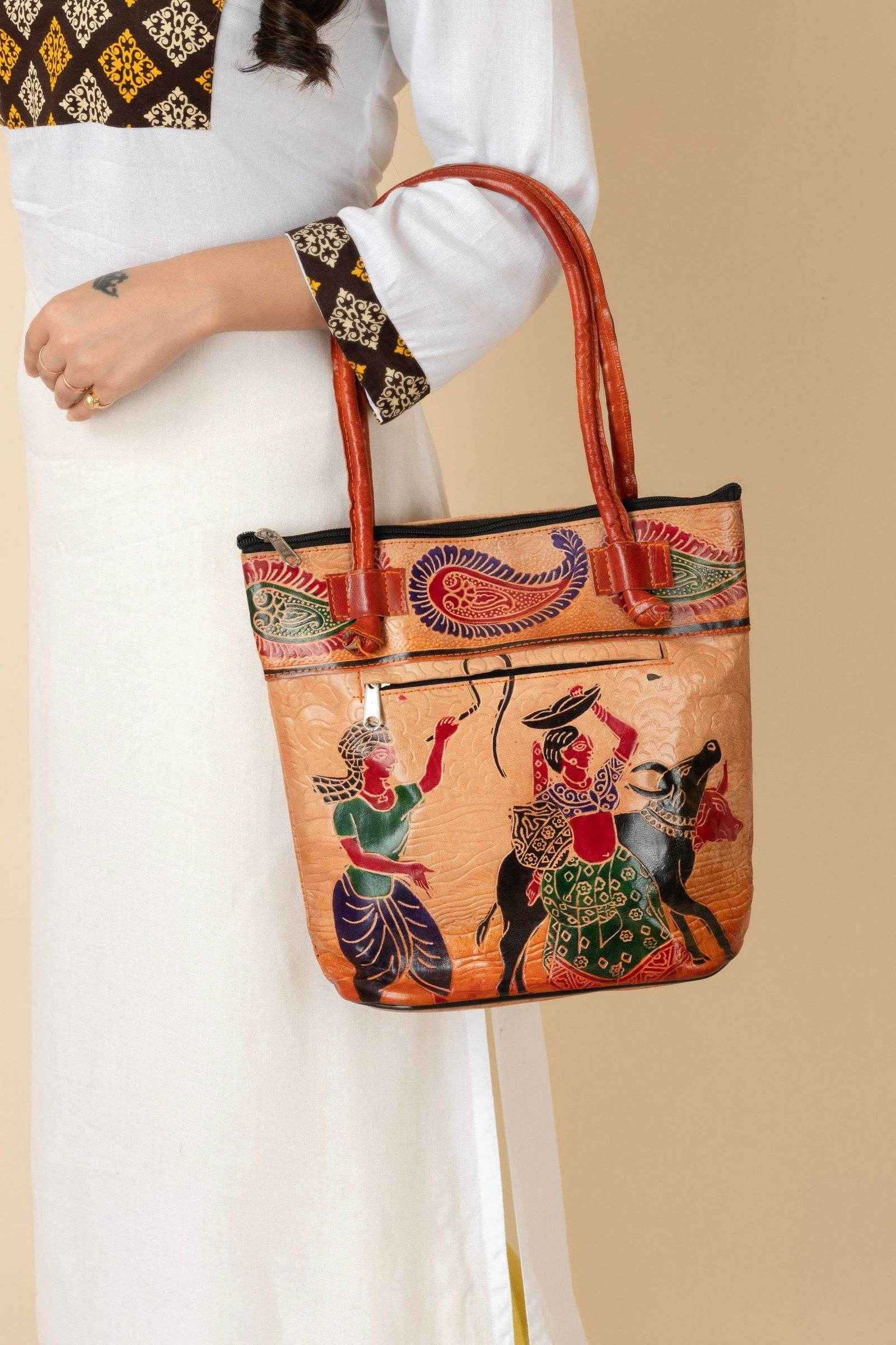 Shantiniketan Handcrafted Brown Leather Handbag for Women with 4 Compartments (10x11) - Lookandadorn.com