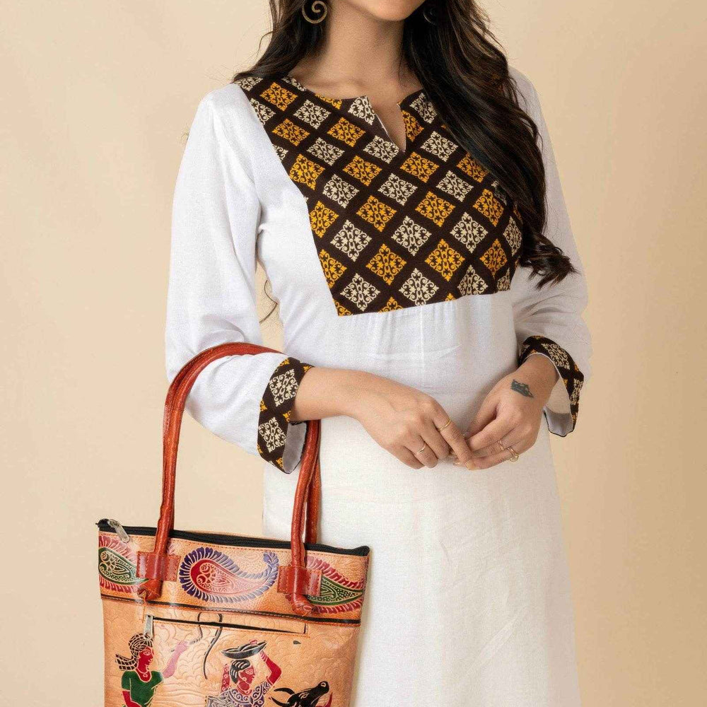 Shantiniketan Handcrafted Brown Leather Handbag for Women with 4 Compartments (10x11) - Lookandadorn.com