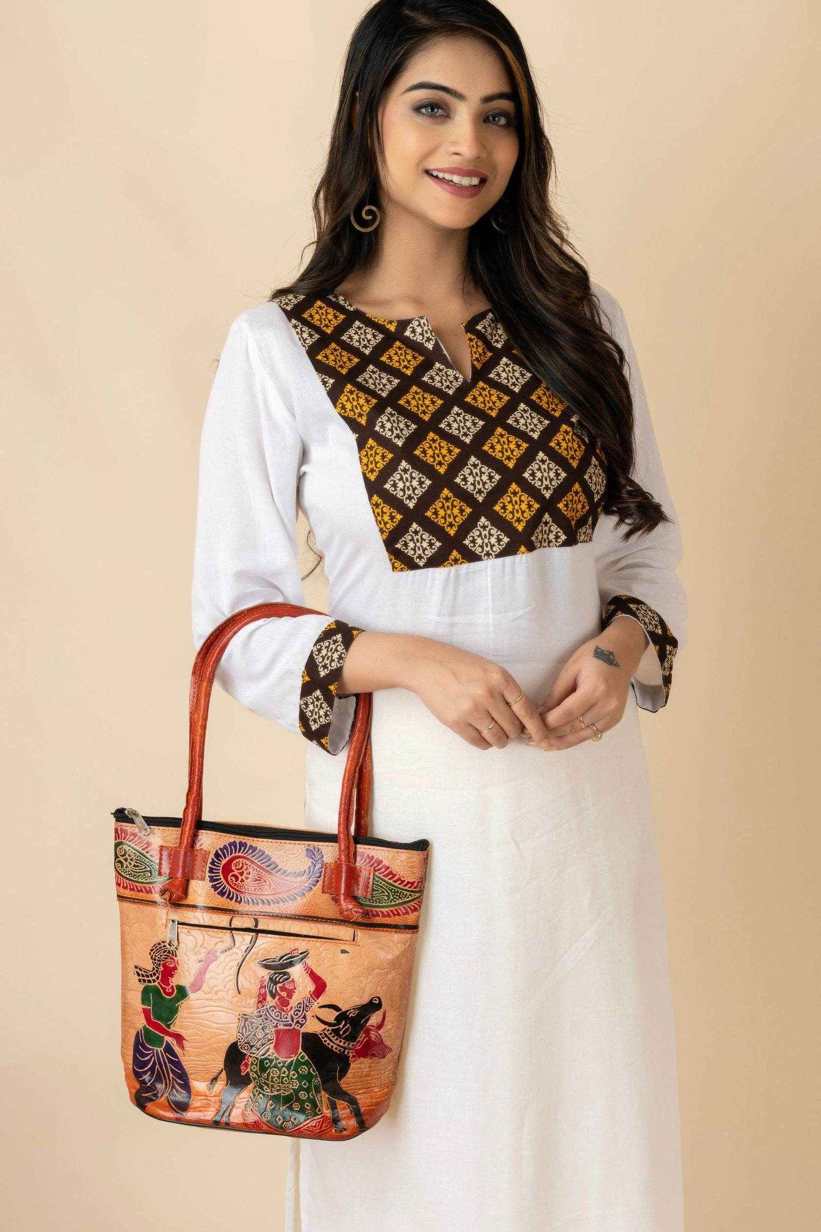 Shantiniketan Handcrafted Brown Leather Handbag for Women with 4 Compartments (10x11) - Lookandadorn.com