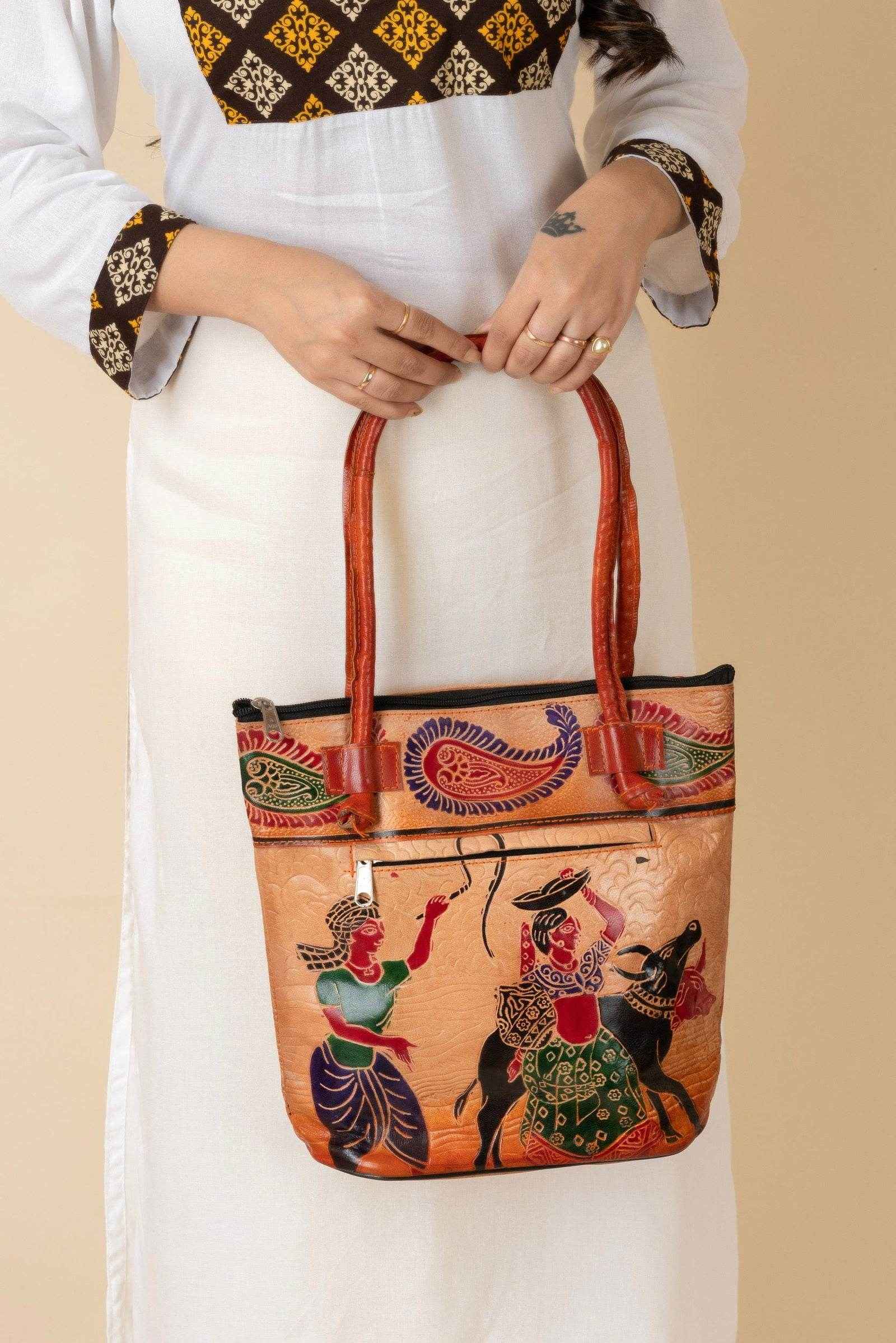 Shantiniketan Handcrafted Brown Leather Handbag for Women with 4 Compartments (10x11) - Lookandadorn.com