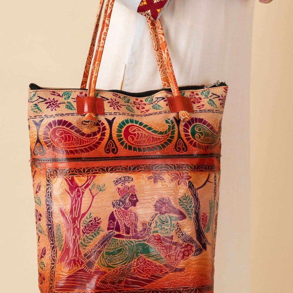 Shantiniketan Handcrafted Brown Leather Handbag for Women with Spacious Compartments, 14x14 Inches - Lookandadorn.com
