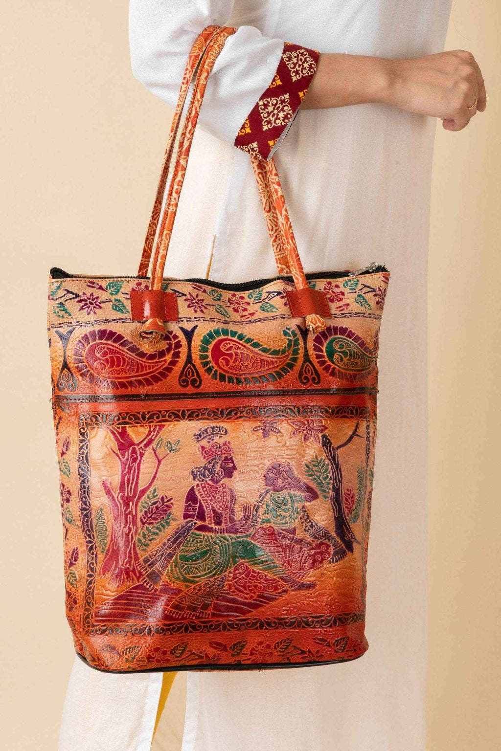Shantiniketan Handcrafted Brown Leather Handbag for Women with Spacious Compartments, 14x14 Inches - Lookandadorn.com