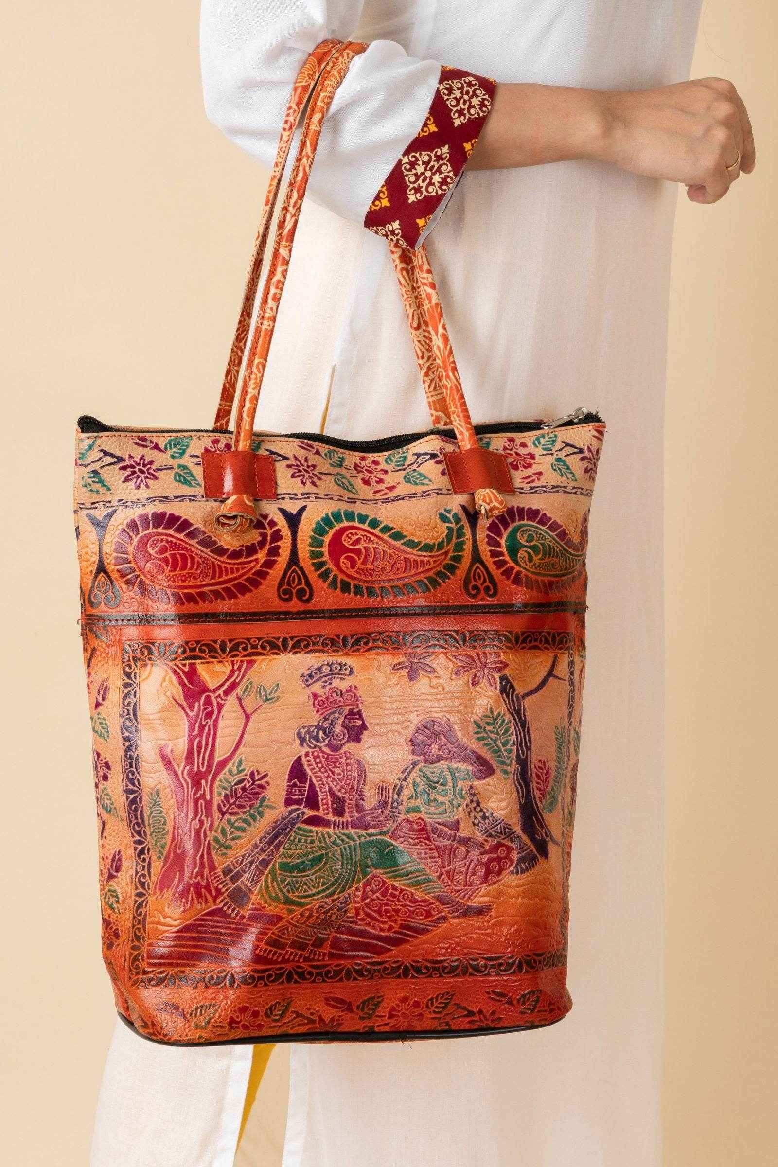 Shantiniketan Handcrafted Brown Leather Handbag for Women with Spacious Compartments, 14x14 Inches - Lookandadorn.com