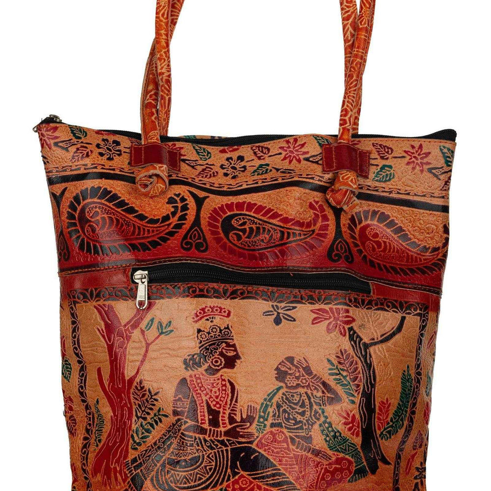Shantiniketan Handcrafted Brown Leather Handbag for Women with Spacious Compartments, 14x14 Inches - Lookandadorn.com