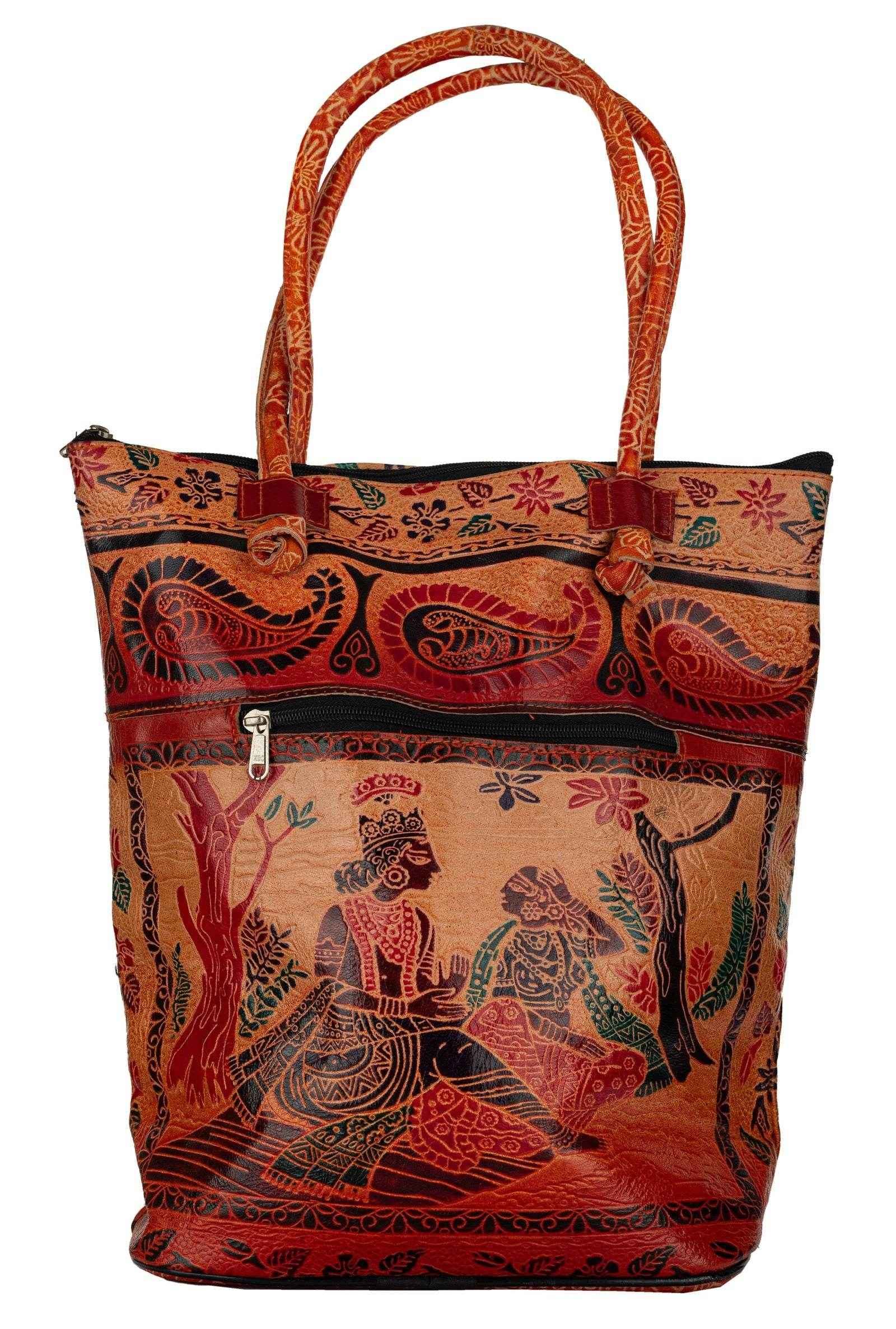 Shantiniketan Handcrafted Brown Leather Handbag for Women with Spacious Compartments, 14x14 Inches - Lookandadorn.com