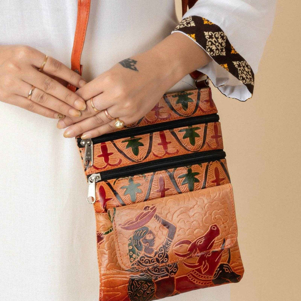 Shantiniketan Handcrafted Brown Leather Women’s Crossbody Sling Bag with 4 Compartments (9x7) - Lookandadorn.com