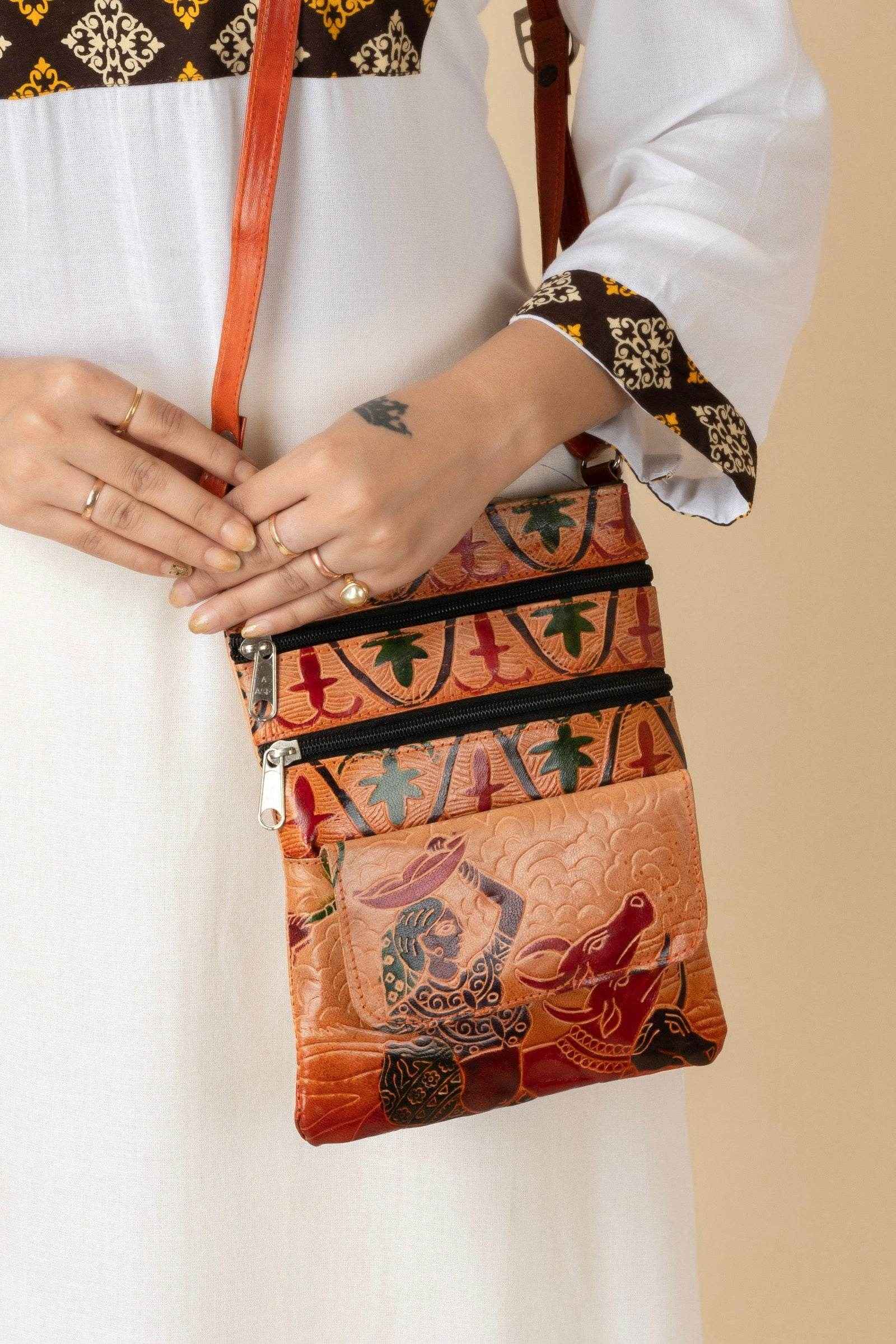 Shantiniketan Handcrafted Brown Leather Women’s Crossbody Sling Bag with 4 Compartments (9x7) - Lookandadorn.com