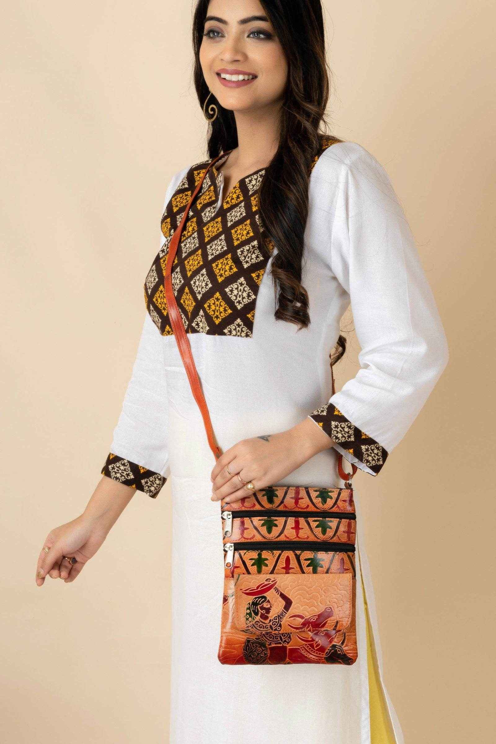 Shantiniketan Handcrafted Brown Leather Women’s Crossbody Sling Bag with 4 Compartments (9x7) - Lookandadorn.com