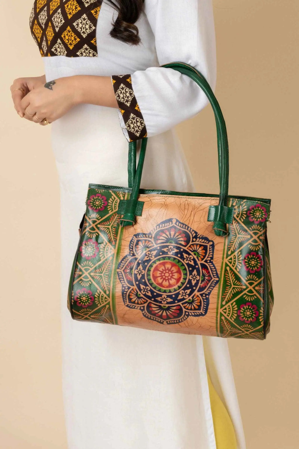 Shantiniketan Handcrafted Green Leather Handbag with 4 Compartments for Women, 15"x12