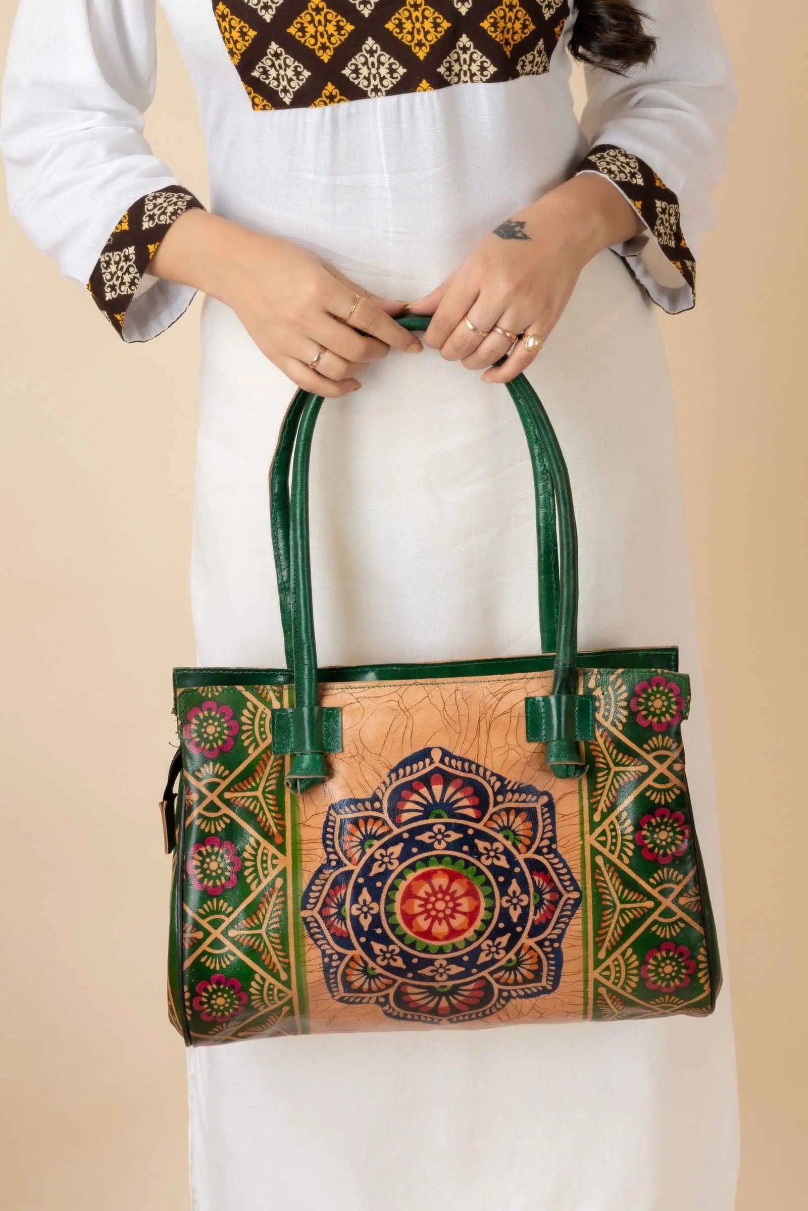 Shantiniketan Handcrafted Green Leather Handbag with 4 Compartments for Women, 15"x12