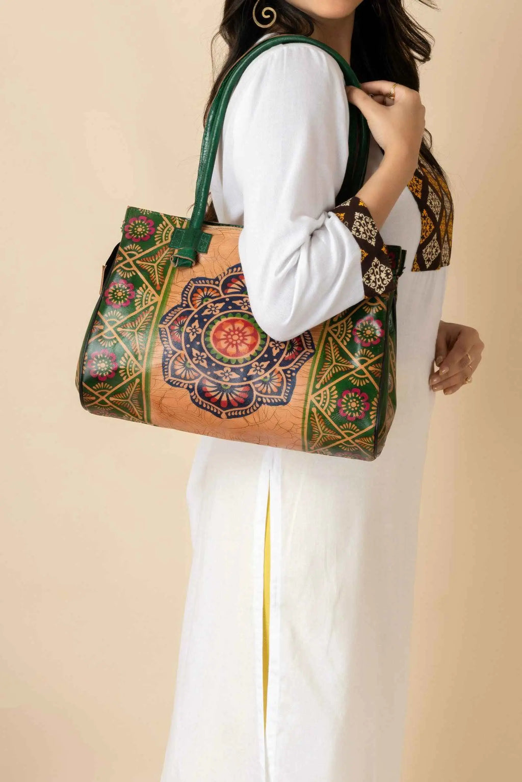Shantiniketan Handcrafted Green Leather Handbag with 4 Compartments for Women, 15"x12
