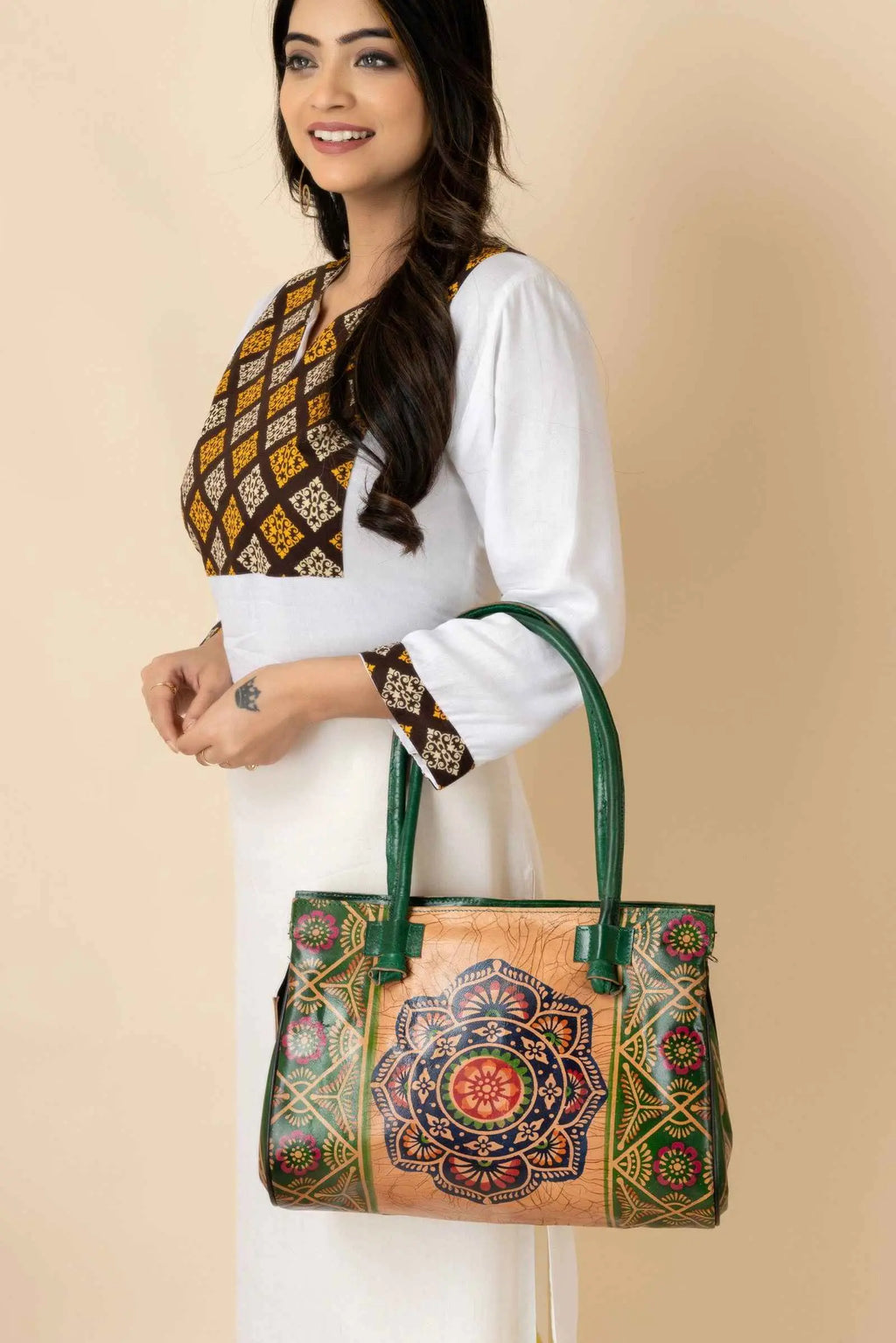 Shantiniketan Handcrafted Green Leather Handbag with 4 Compartments for Women, 15"x12