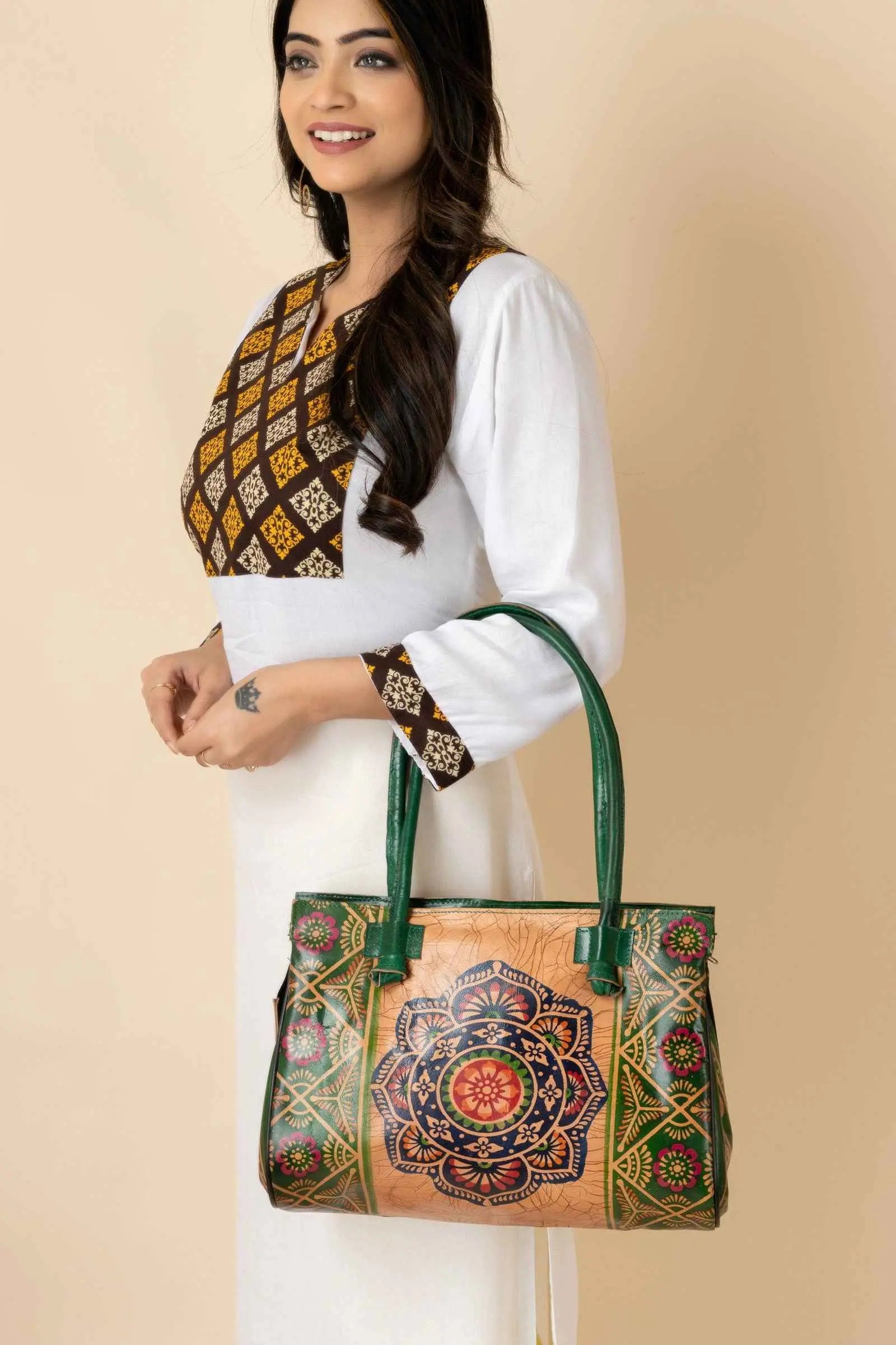 Shantiniketan Handcrafted Green Leather Handbag with 4 Compartments for Women, 15"x12