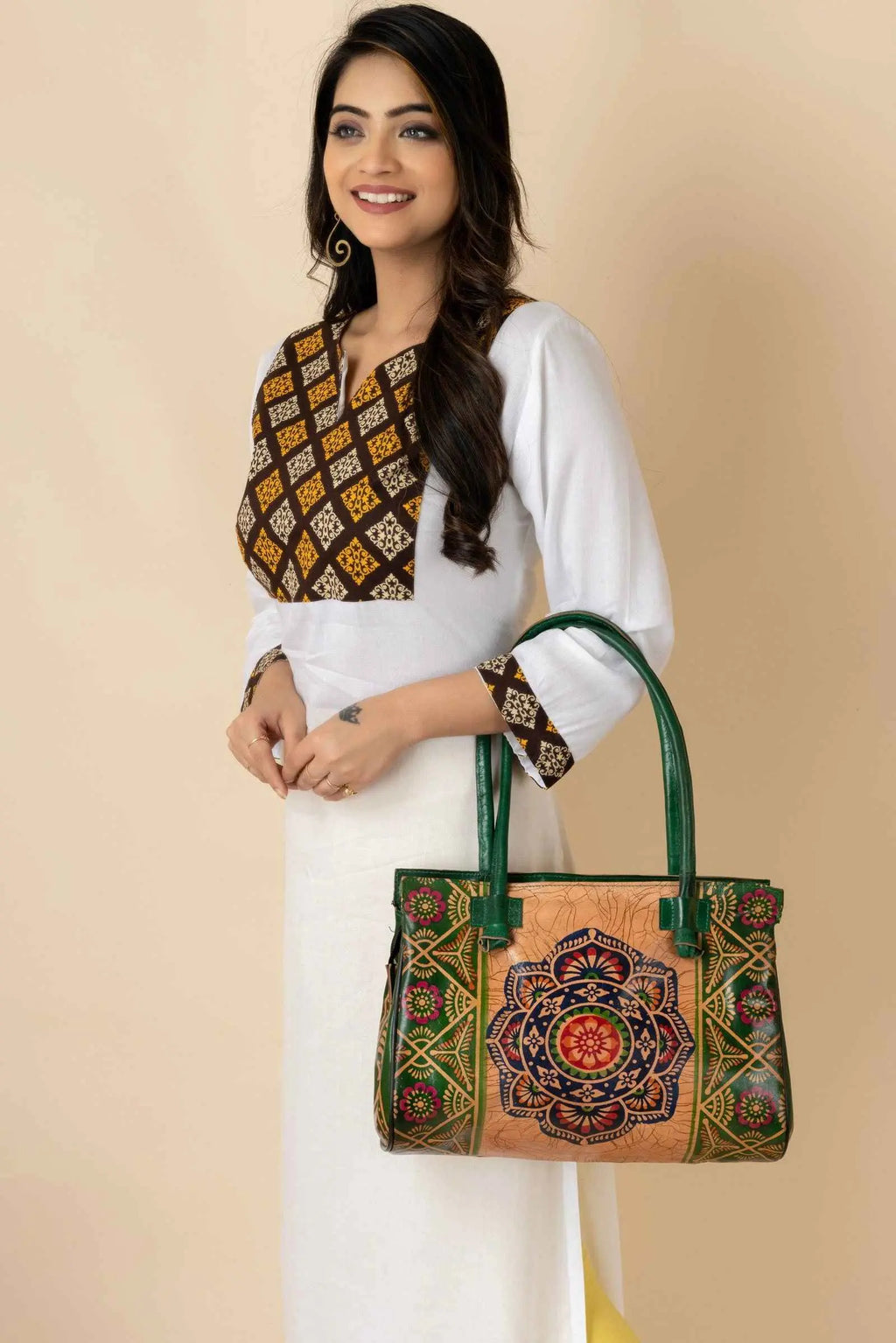 Shantiniketan Handcrafted Green Leather Handbag with 4 Compartments for Women, 15"x12