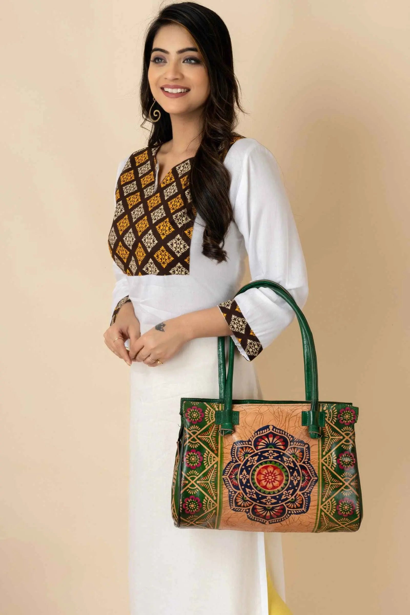 Shantiniketan Handcrafted Green Leather Handbag with 4 Compartments for Women, 15"x12
