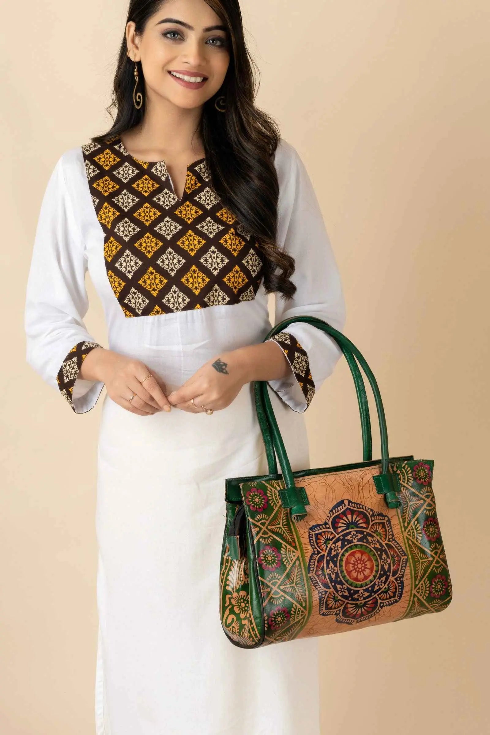 Shantiniketan Handcrafted Green Leather Handbag with 4 Compartments for Women, 15"x12