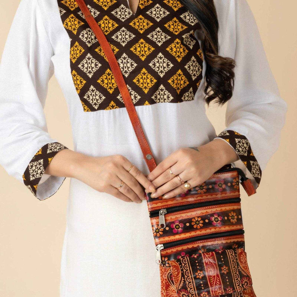 Shantiniketan Handcrafted Leather Brown Crossbody Sling Bag with 4 Compartments for Women - Lookandadorn.com