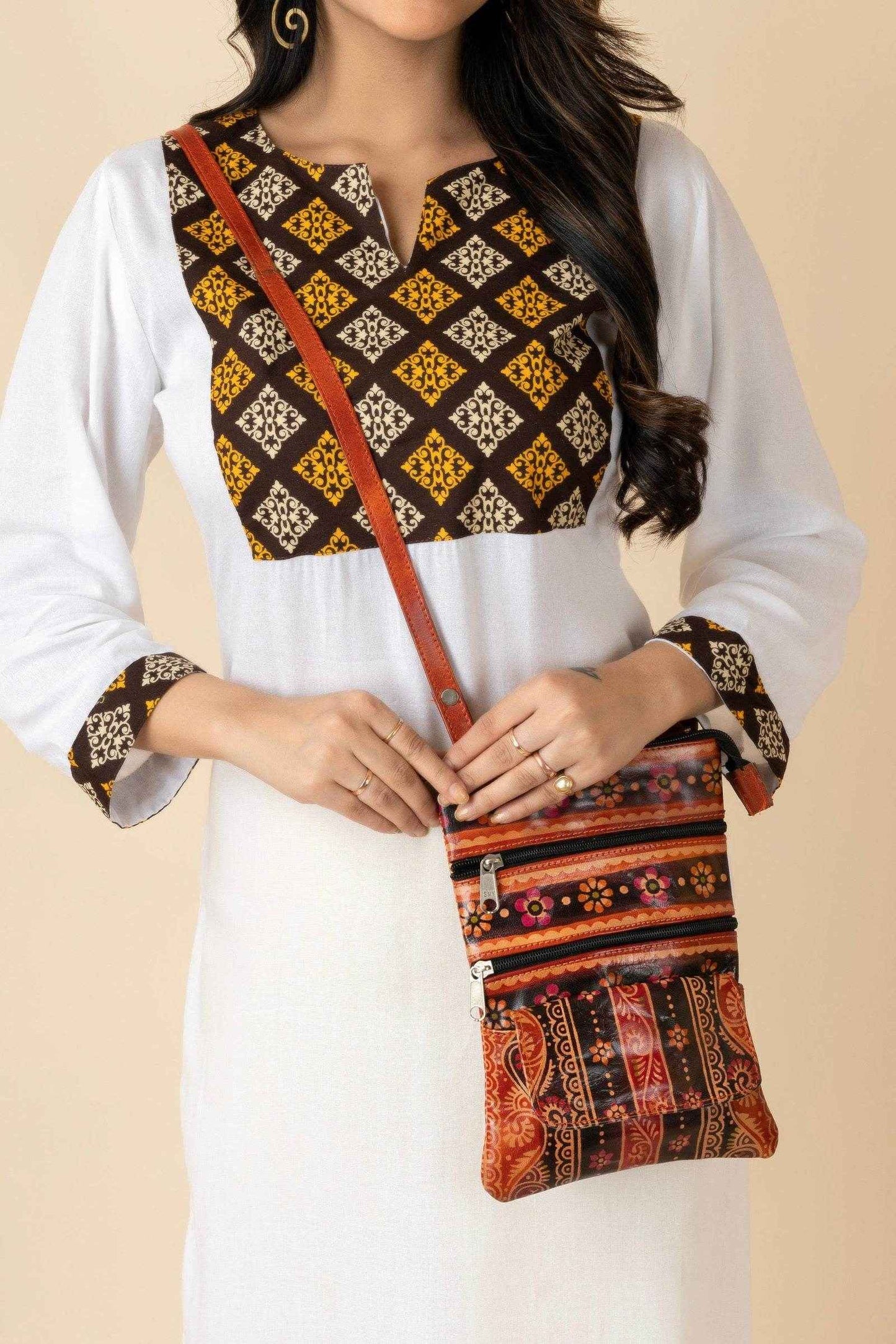 Shantiniketan Handcrafted Leather Brown Crossbody Sling Bag with 4 Compartments for Women - Lookandadorn.com
