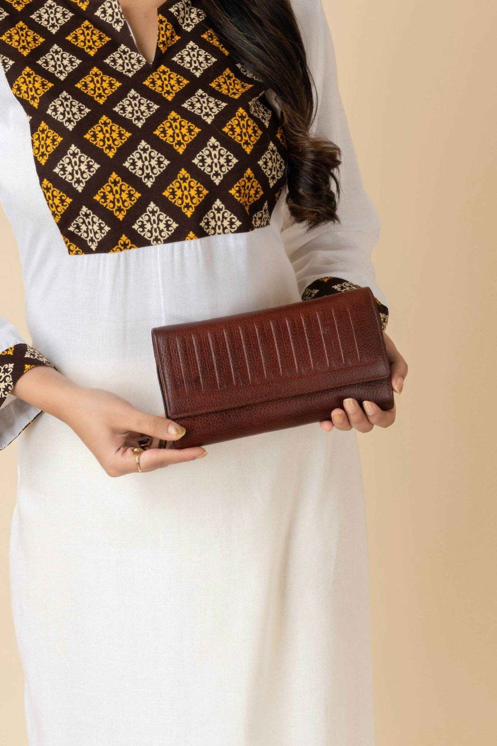 Handcrafted Leather Clutch For Women - Brown 4 Compartment Bag 7.5x4 Inches, Genuine Leather - Lookandadorn.com