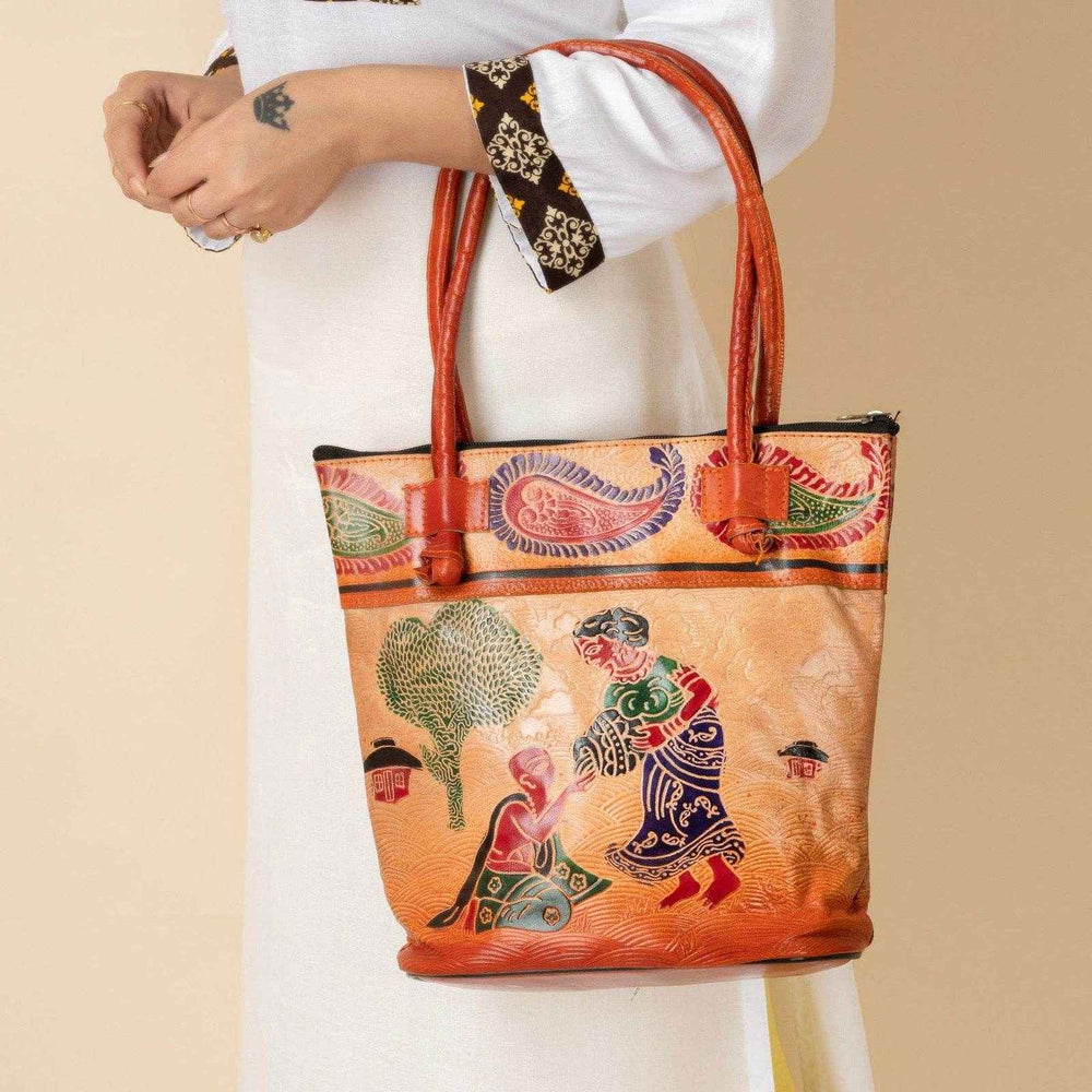 Shantiniketan Ladies Leather Handbags - Traditional Brown Leather Handbag (10x11 Inches) - Lookandadorn.com
