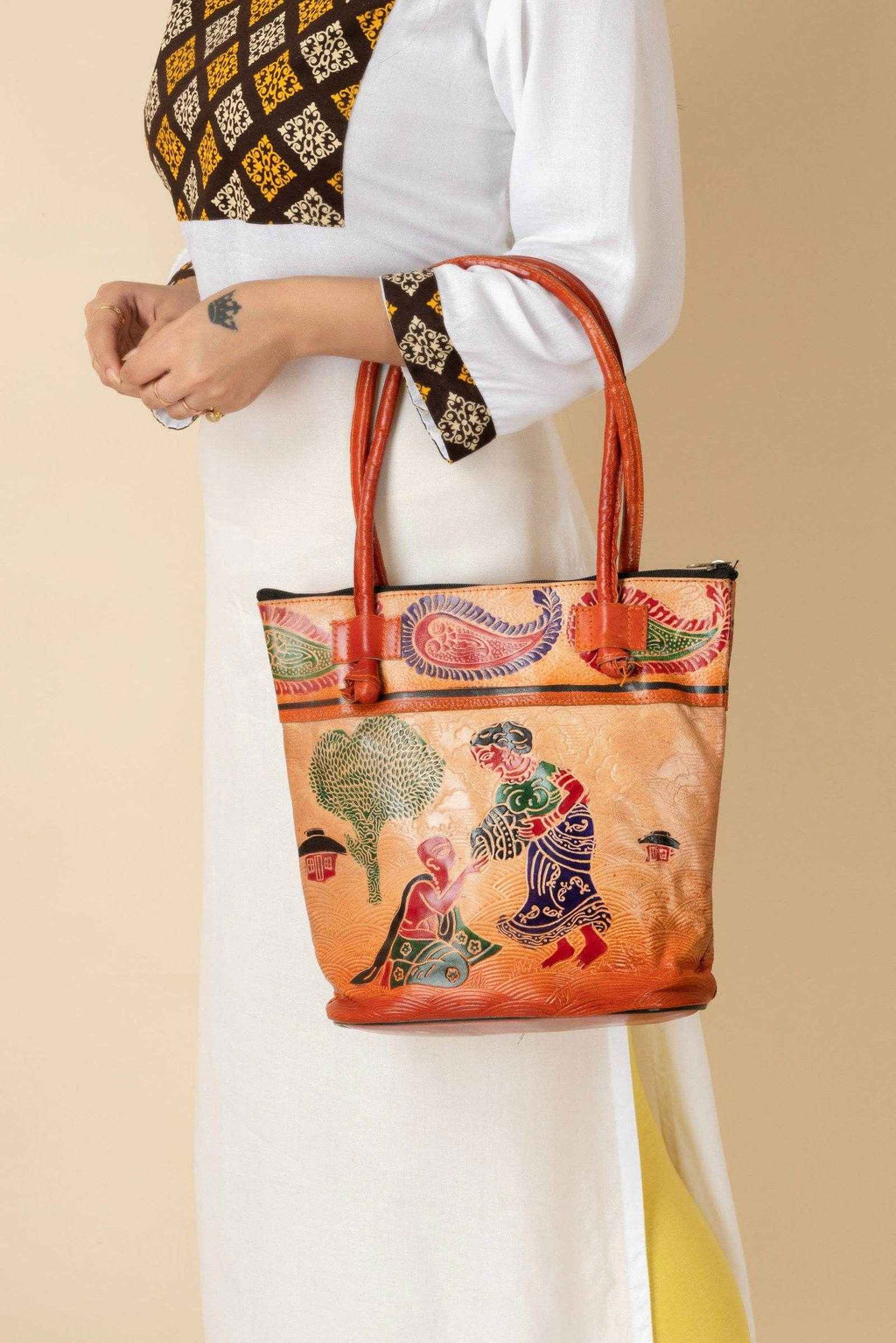Shantiniketan Ladies Leather Handbags - Traditional Brown Leather Handbag (10x11 Inches) - Lookandadorn.com