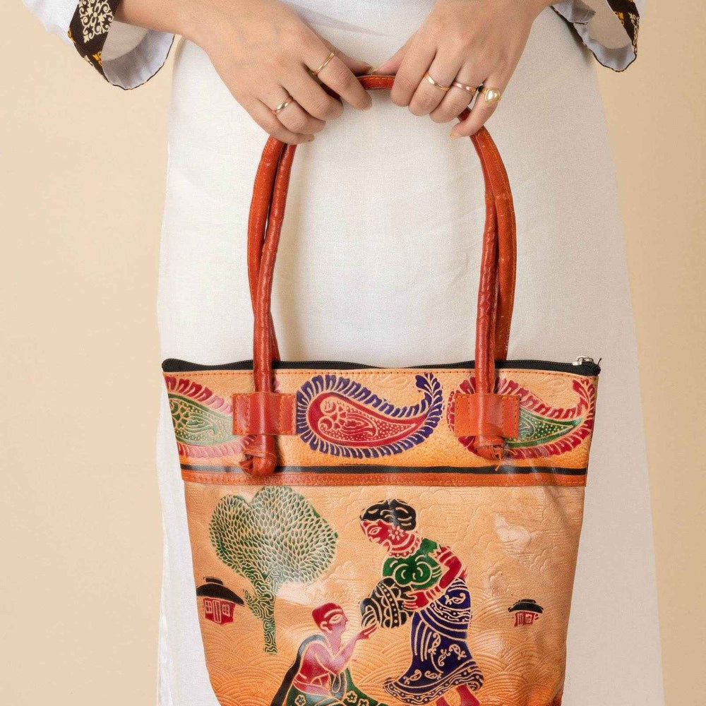 Shantiniketan Ladies Leather Handbags - Traditional Brown Leather Handbag (10x11 Inches) - Lookandadorn.com