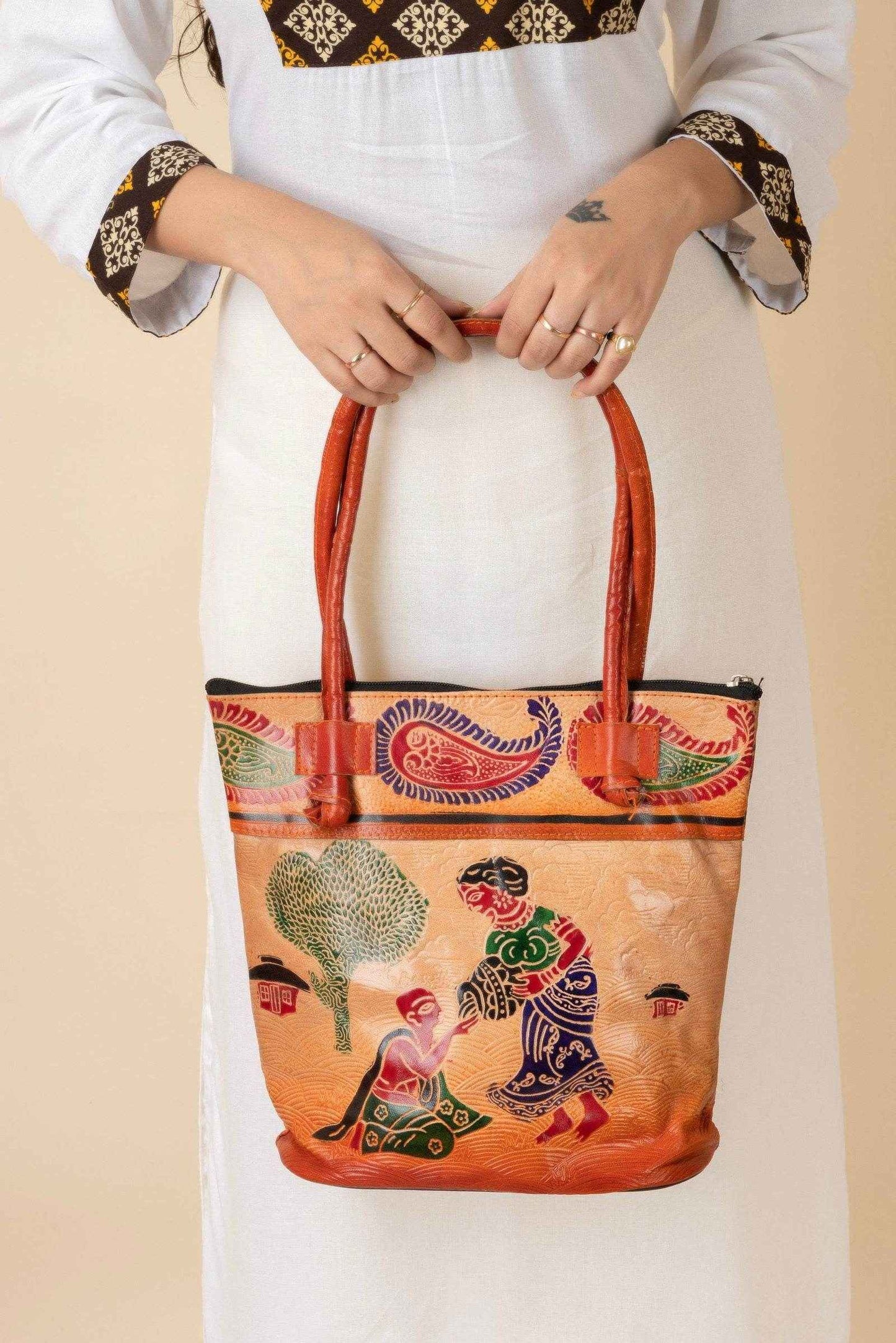 Shantiniketan Ladies Leather Handbags - Traditional Brown Leather Handbag (10x11 Inches) - Lookandadorn.com
