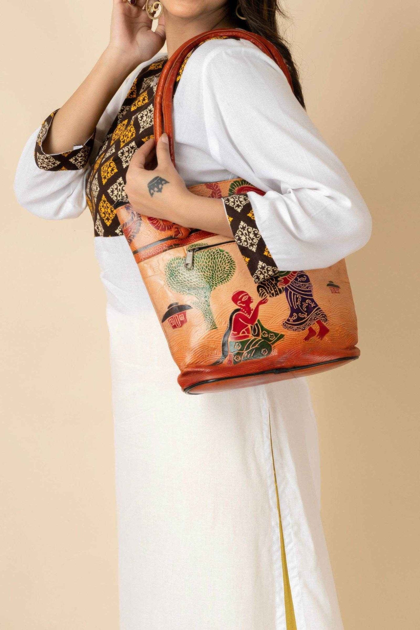 Shantiniketan Ladies Leather Handbags - Traditional Brown Leather Handbag (10x11 Inches) - Lookandadorn.com