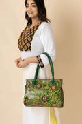 Shantiniketan Traditional Green Leather Handbag For Women - 15x12, 4 Compartments, Handcrafted