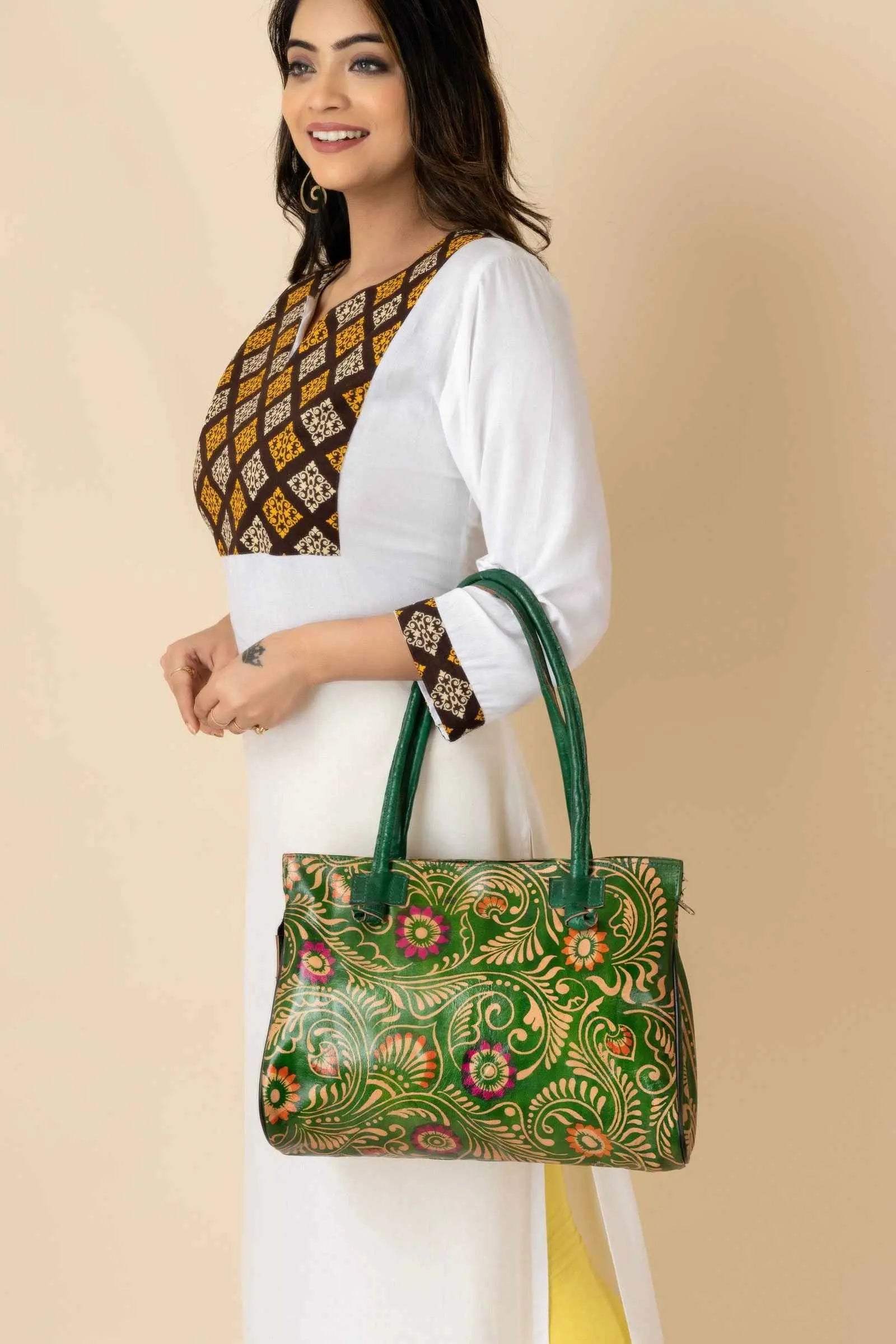 Shantiniketan Traditional Green Leather Handbag For Women - 15x12, 4 Compartments, Handcrafted