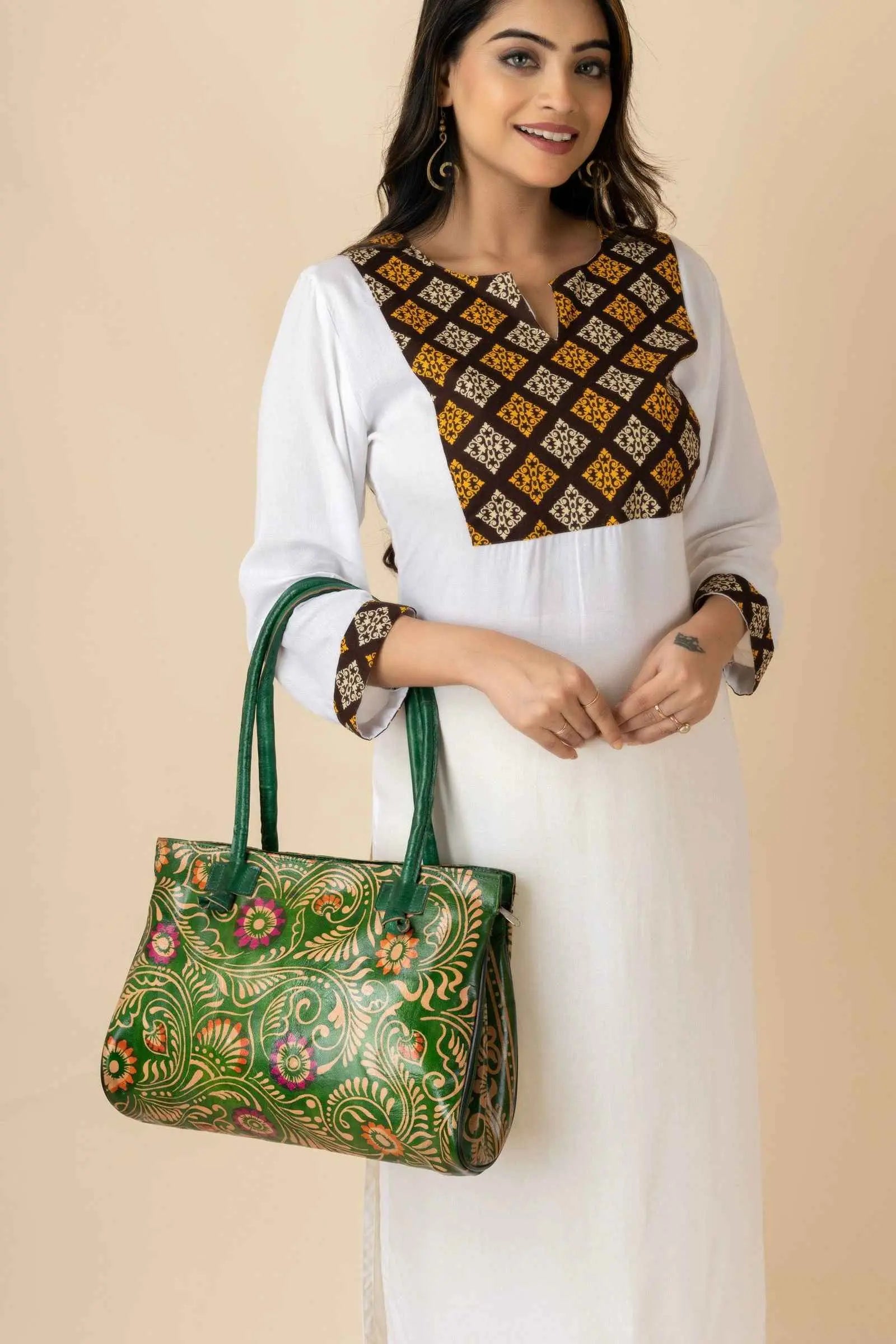 Shantiniketan Traditional Green Leather Handbag For Women - 15x12, 4 Compartments, Handcrafted