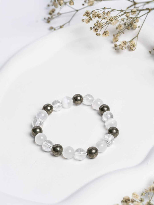Pyrite Clear Quartz Raj Yog Bracelet with Selenite for Self-Recharge