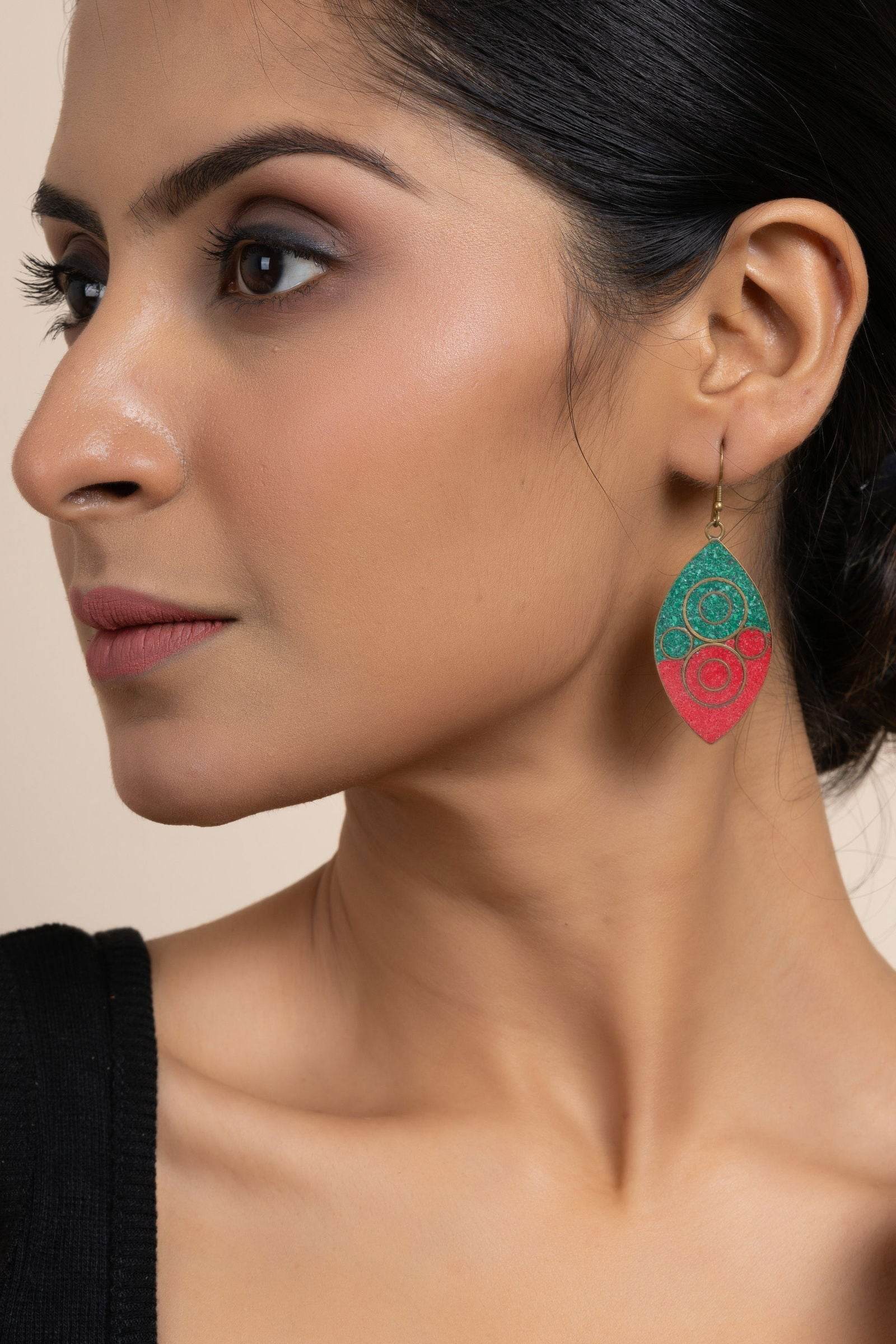 Tibetan Earrings - Red Green Leaf Nature-Inspired Jewelry