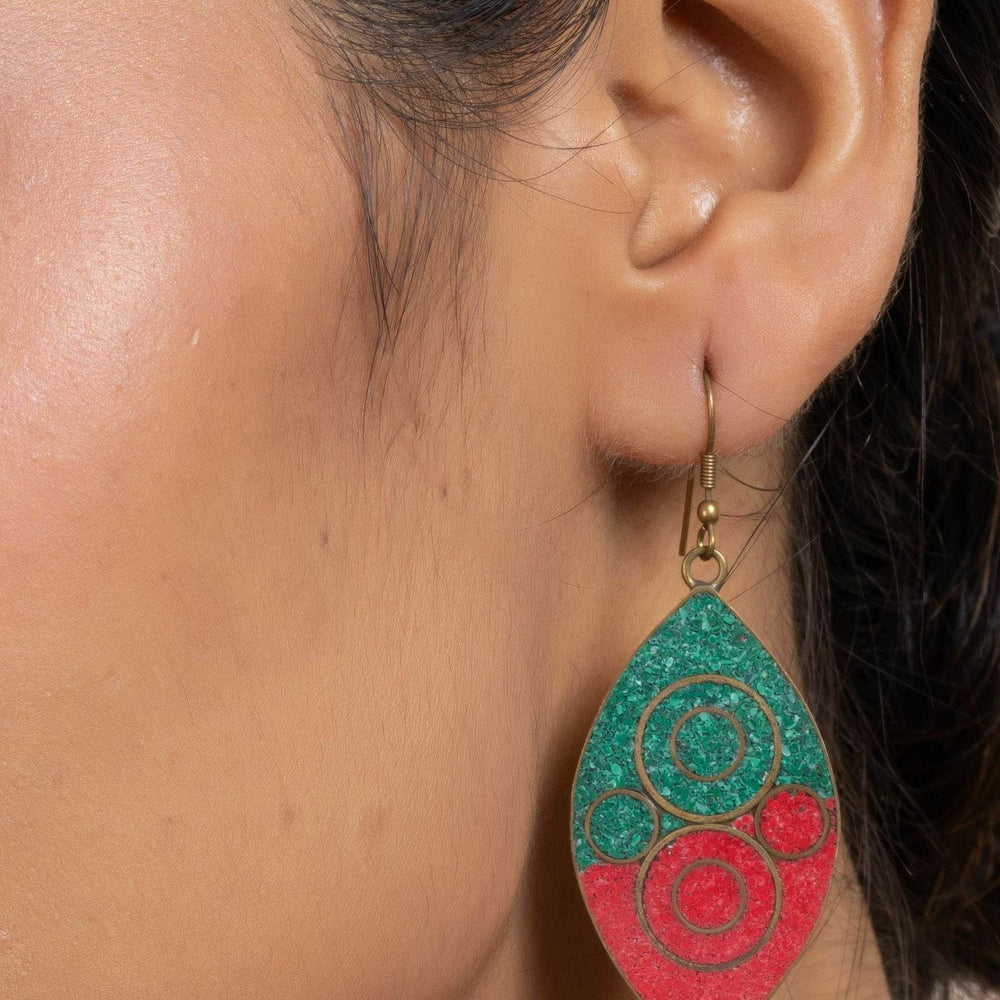 Tibetan Earrings - Red Green Leaf Nature-Inspired Jewelry - Lookandadorn.com