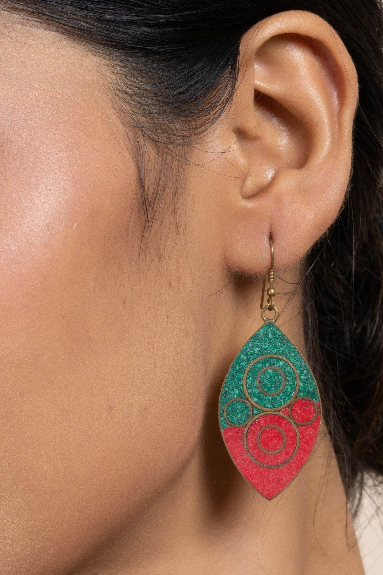 Tibetan Earrings - Red Green Leaf Nature-Inspired Jewelry - Lookandadorn.com