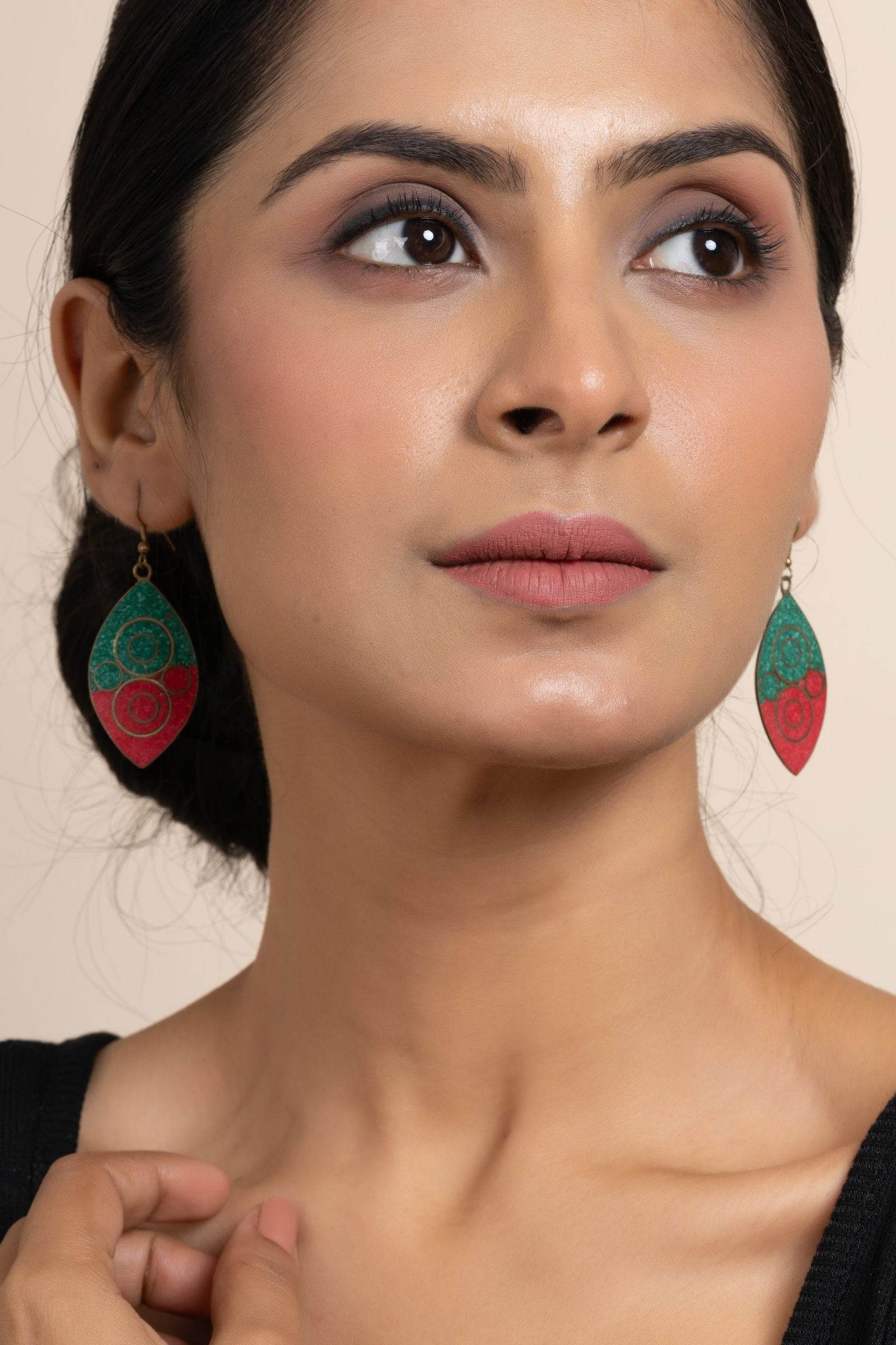 Tibetan Earrings - Red Green Leaf Nature-Inspired Jewelry - Lookandadorn.com