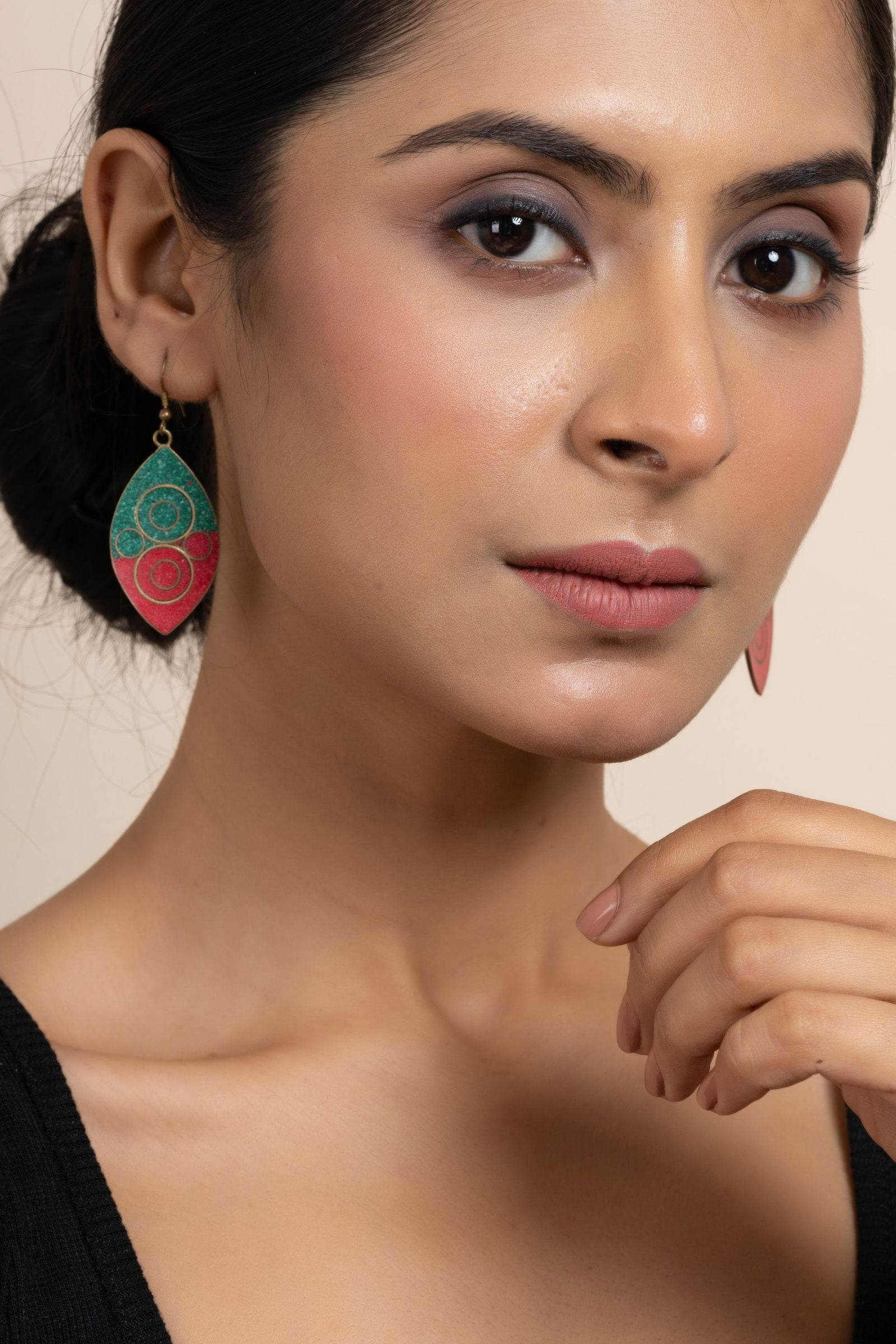 Tibetan Earrings - Red Green Leaf Nature-Inspired Jewelry - Lookandadorn.com