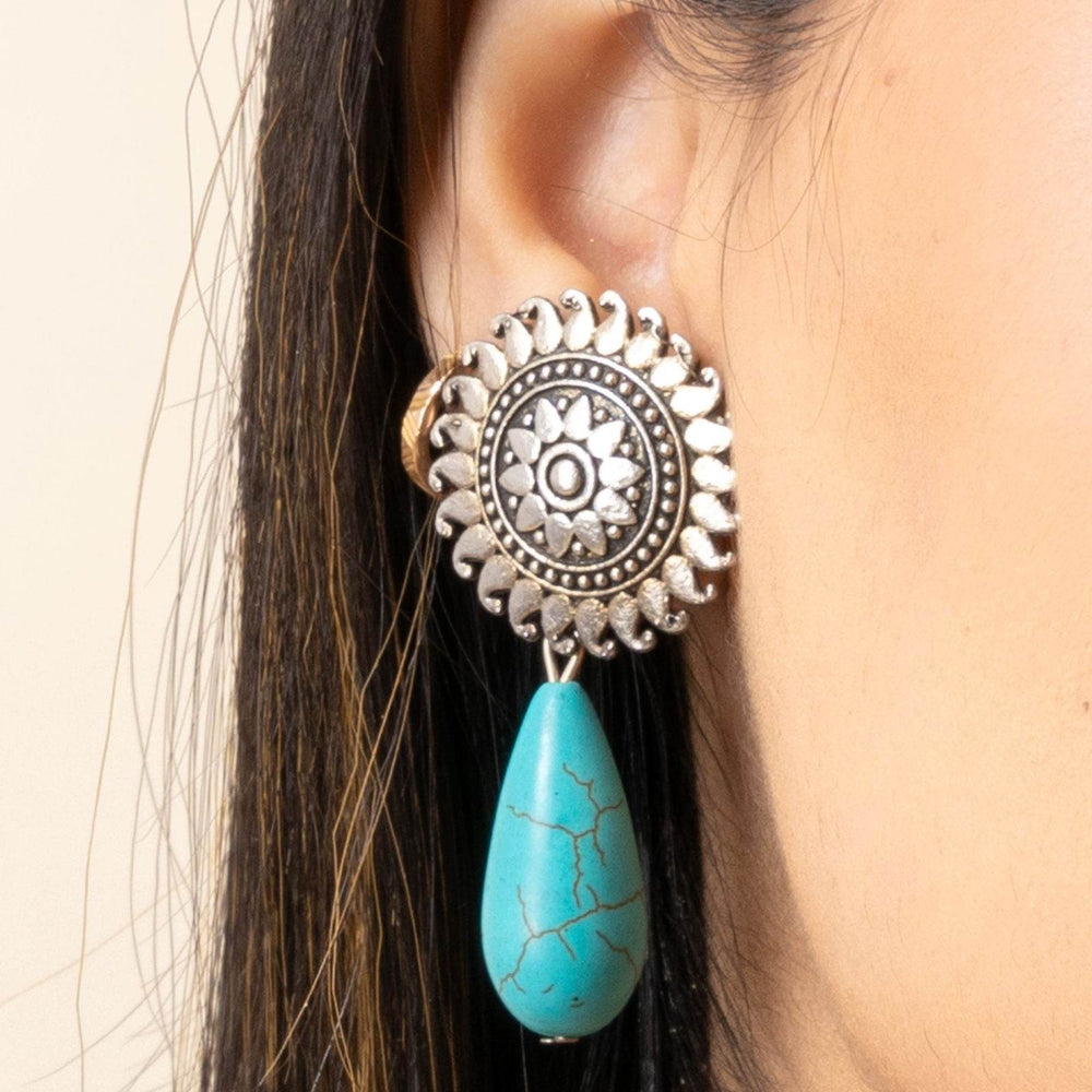 Handmade Turquoise Drop German Silver Floral Stud Earrings - Lookandadorn.com