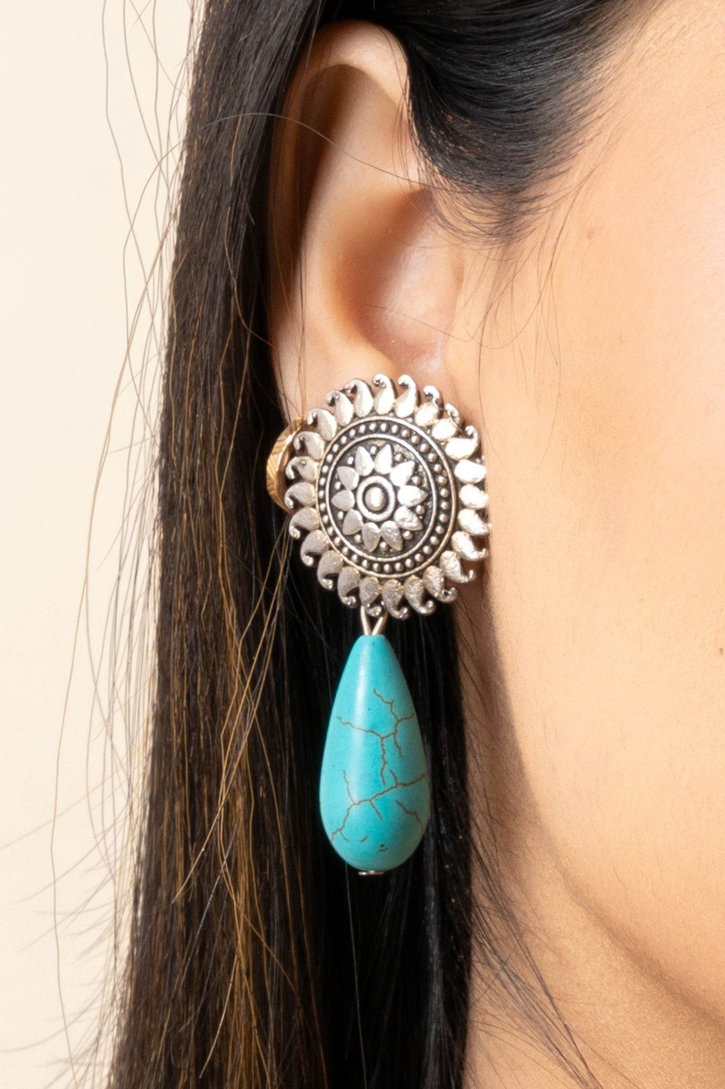 Handmade Turquoise Drop German Silver Floral Stud Earrings - Lookandadorn.com