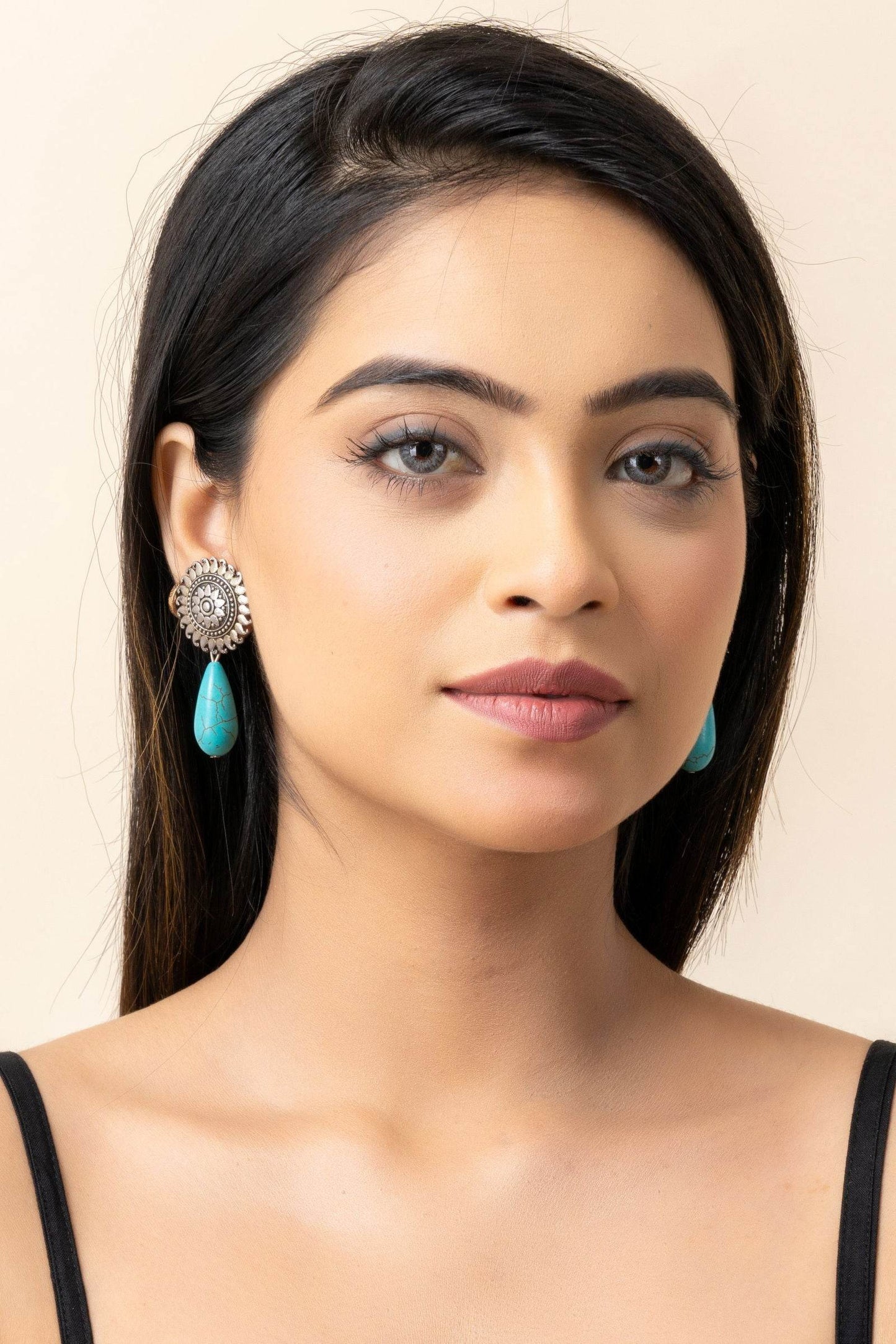 Handmade Turquoise Drop German Silver Floral Stud Earrings - Lookandadorn.com