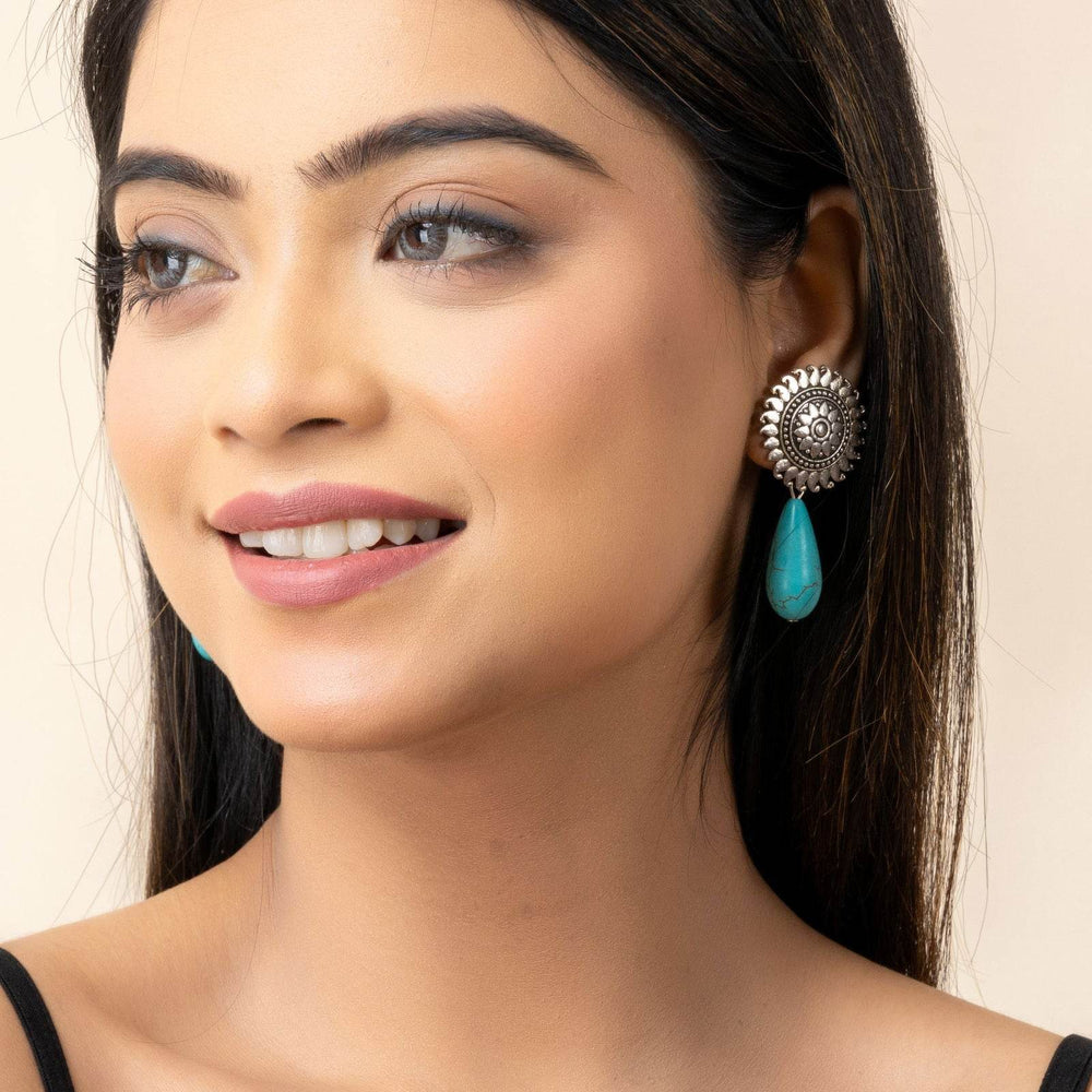 Handmade Turquoise Drop German Silver Floral Stud Earrings - Lookandadorn.com