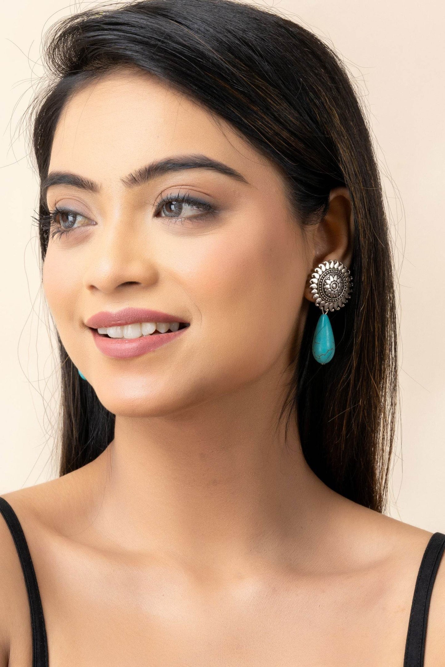 Handmade Turquoise Drop German Silver Floral Stud Earrings - Lookandadorn.com