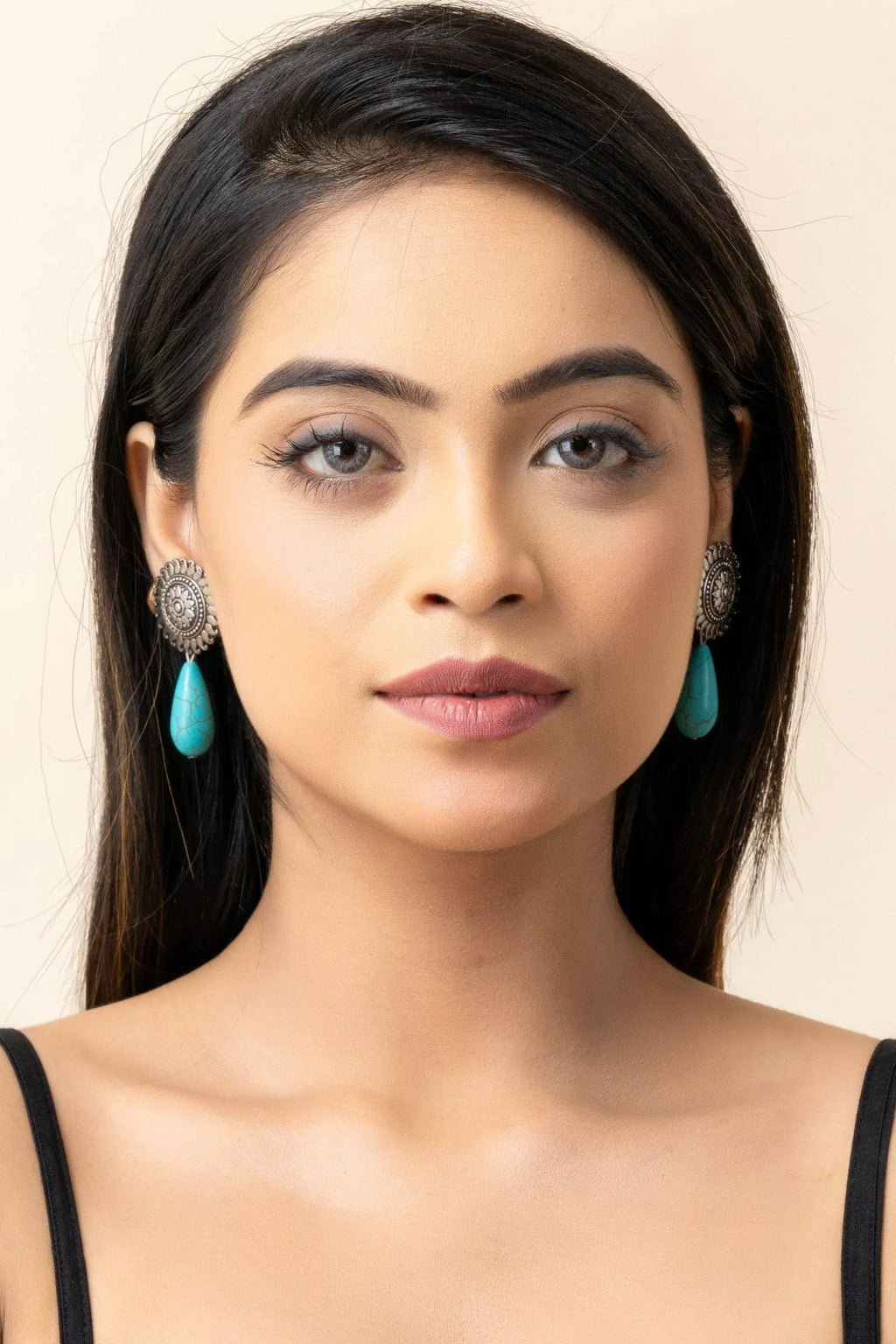 Handmade Turquoise Drop German Silver Floral Stud Earrings - Lookandadorn.com